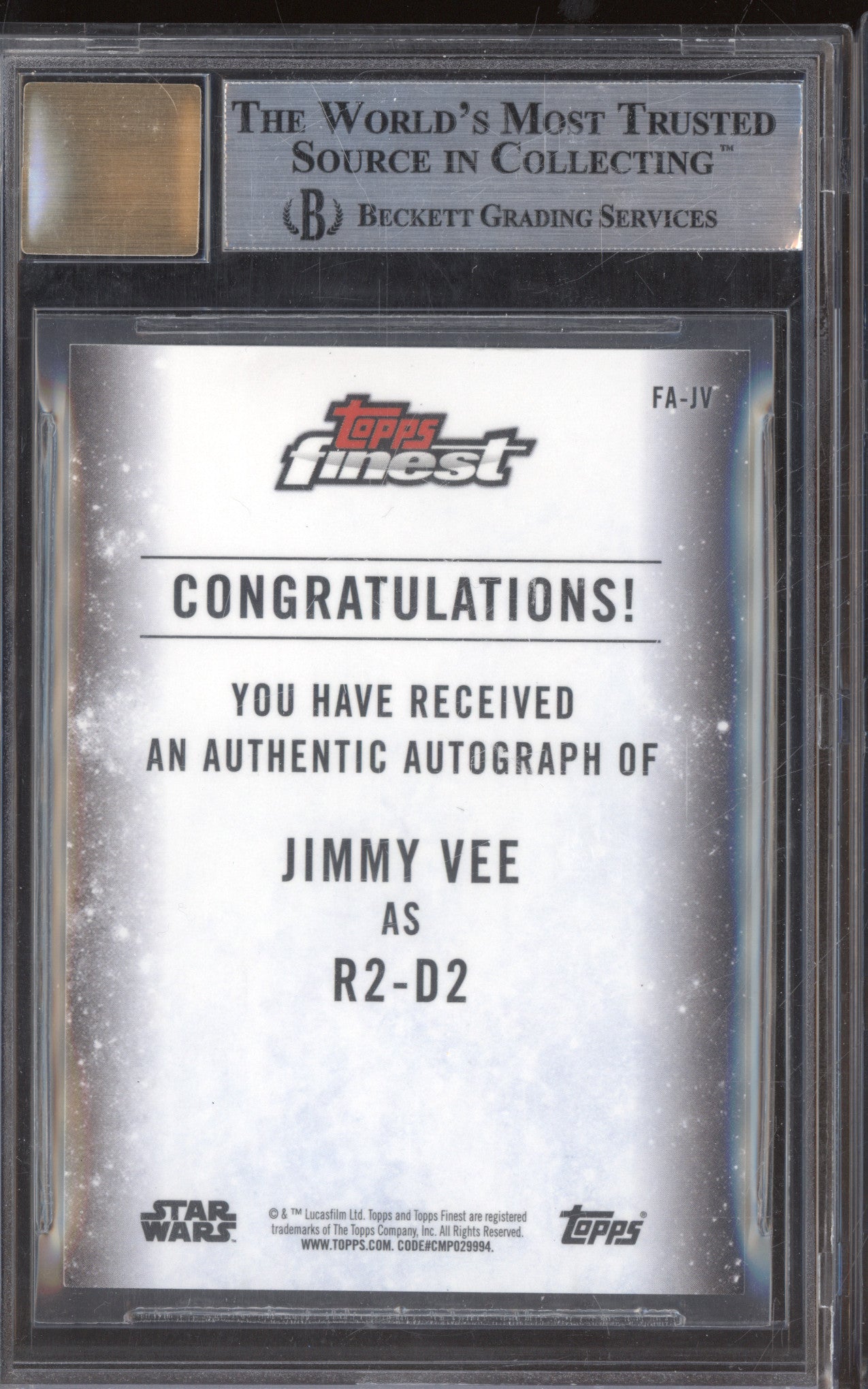Jimmy Vee 2018 Topps Star Wars Finest FA-JV Auto Orange Refractor 15/25 BGS 9/10