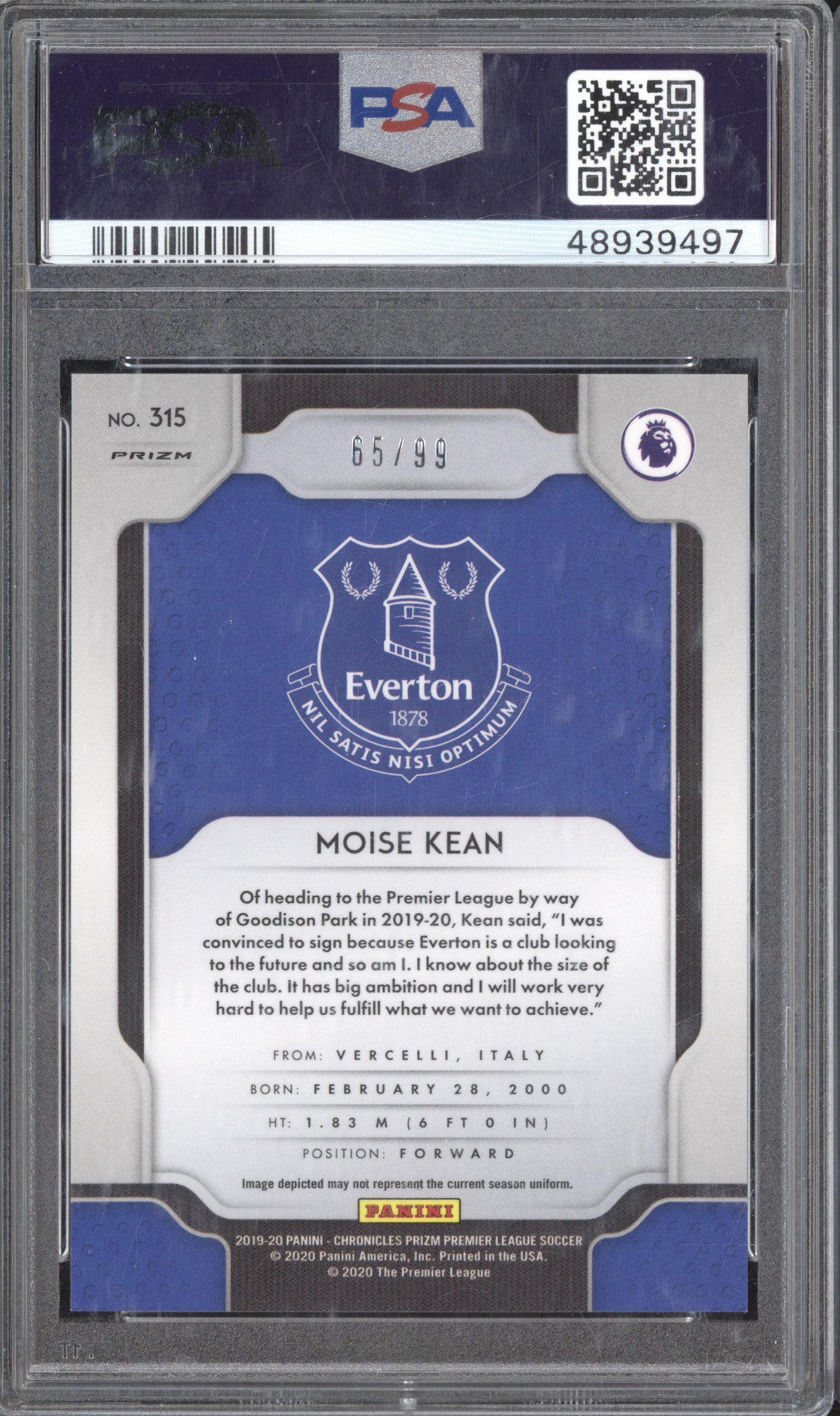 Moise Kean 2019 Panini Chronicles PL 315 Prizm Update Blue Ice RC 65/99 PSA 9