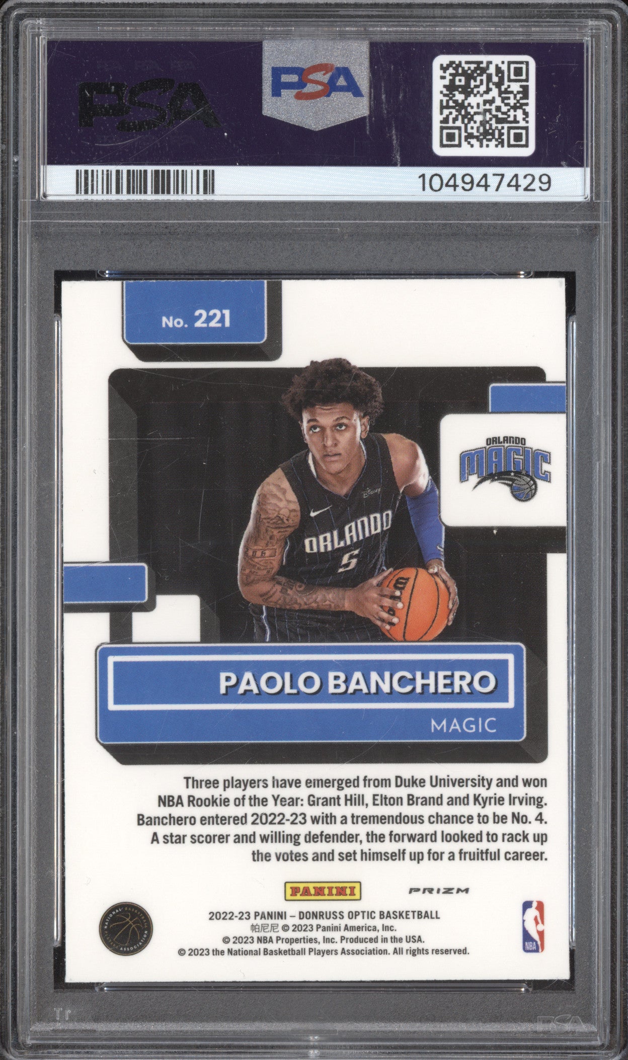 Paolo Banchero 2022-23 Panini Donruss Optic 221 Hyper Green RC PSA 9