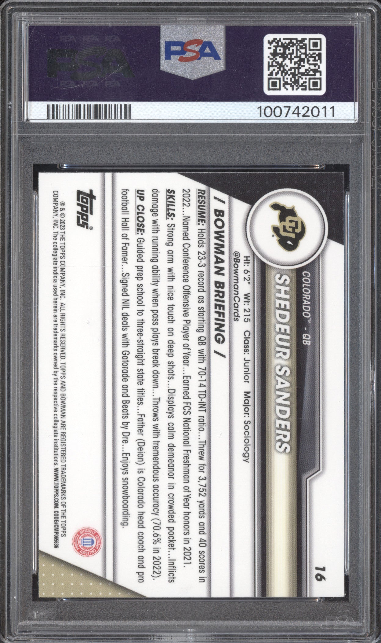 Shedeur Shanders 2023 Bowman University Chrome 16 1st Bowman PSA 10