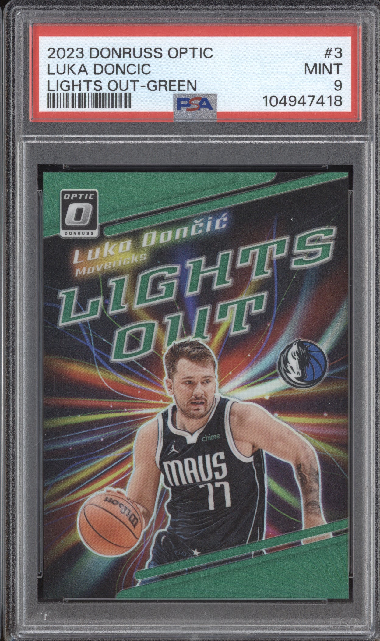 Luka Doncic 2023-24 Panini Donruss Optic 3 Lights Out Green 4/5 PSA 9