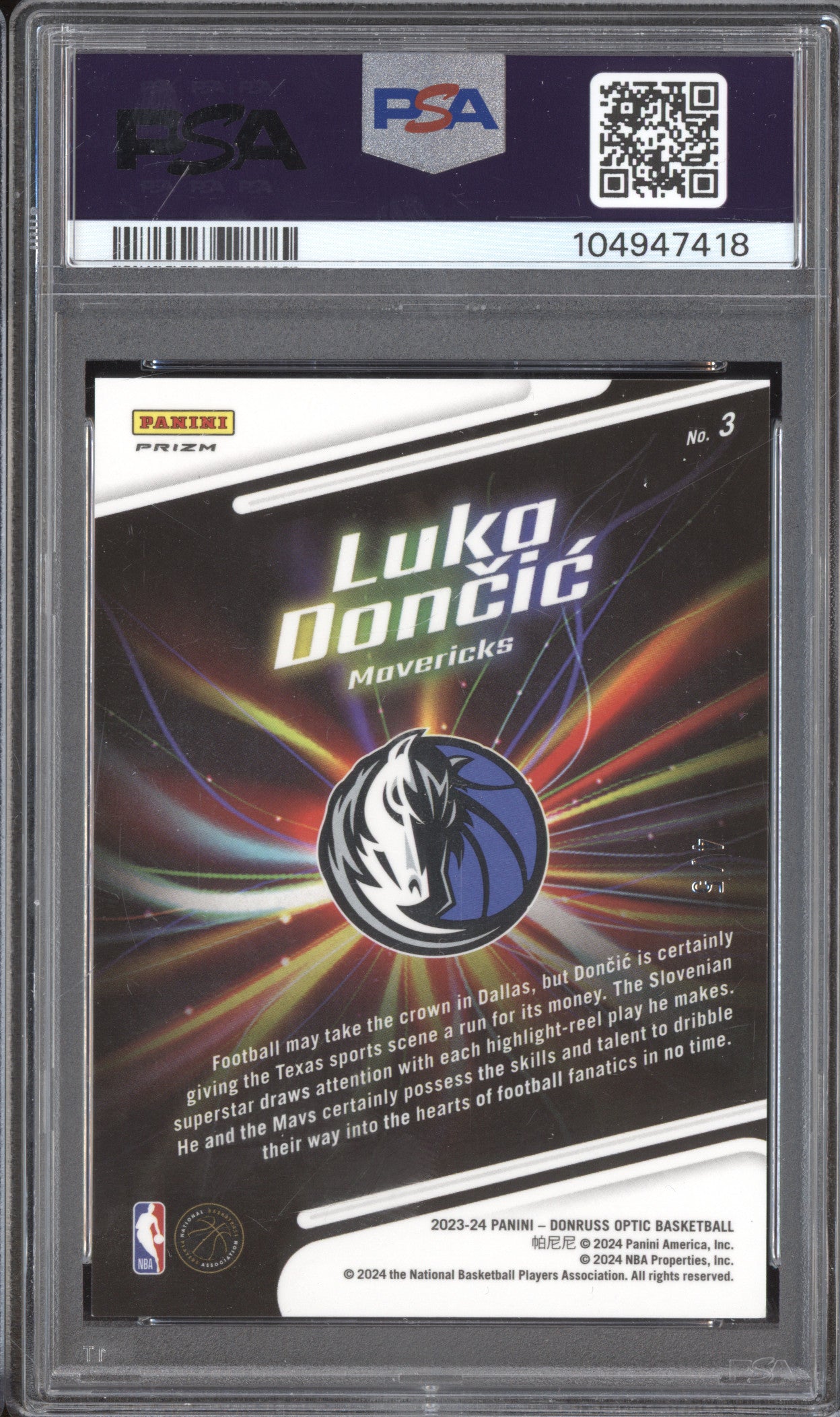 Luka Doncic 2023-24 Panini Donruss Optic 3 Lights Out Green 4/5 PSA 9