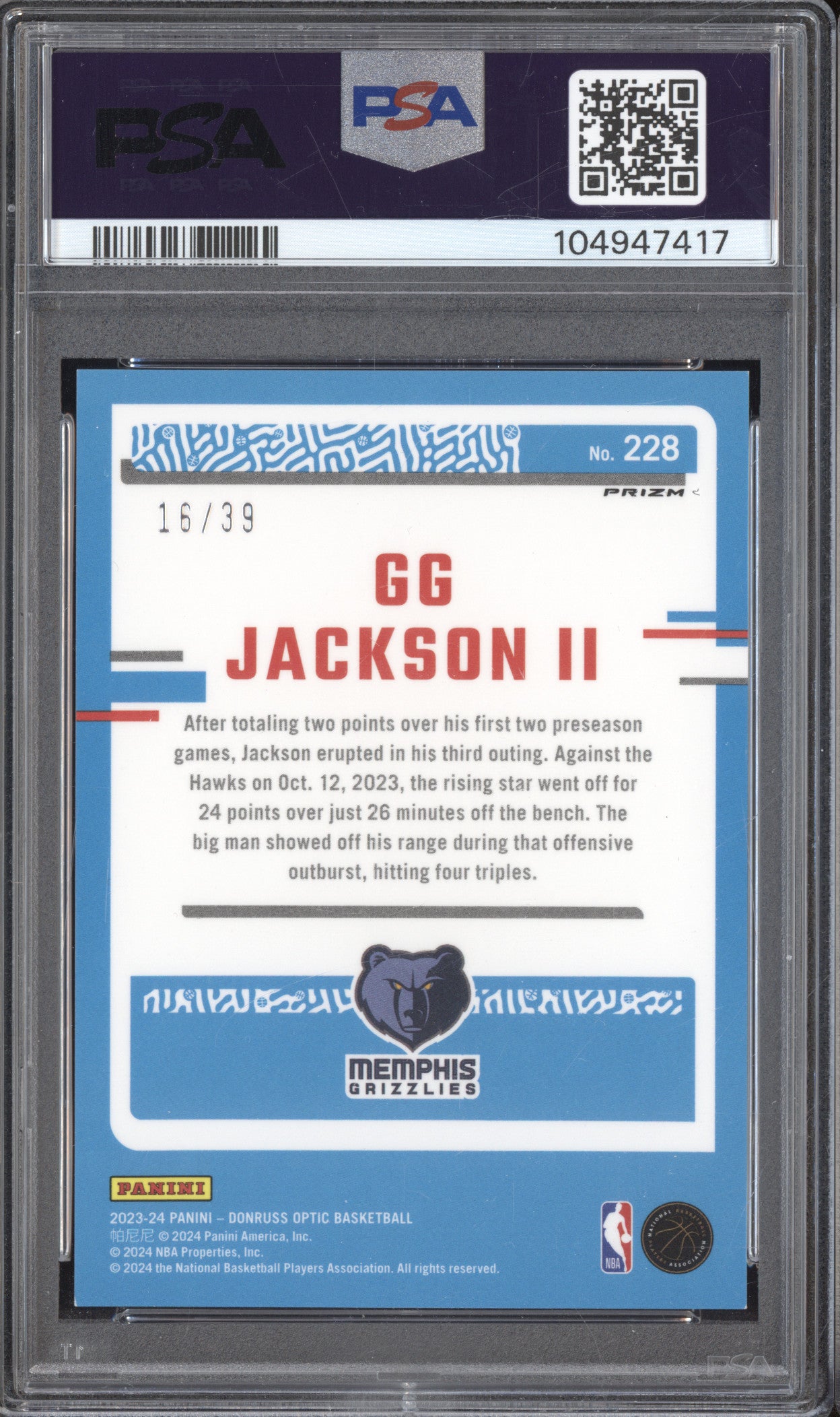 GG Jackson II 2023-24 Panini Donruss Optic 228 Black Velocity RC 16/39 PSA 9