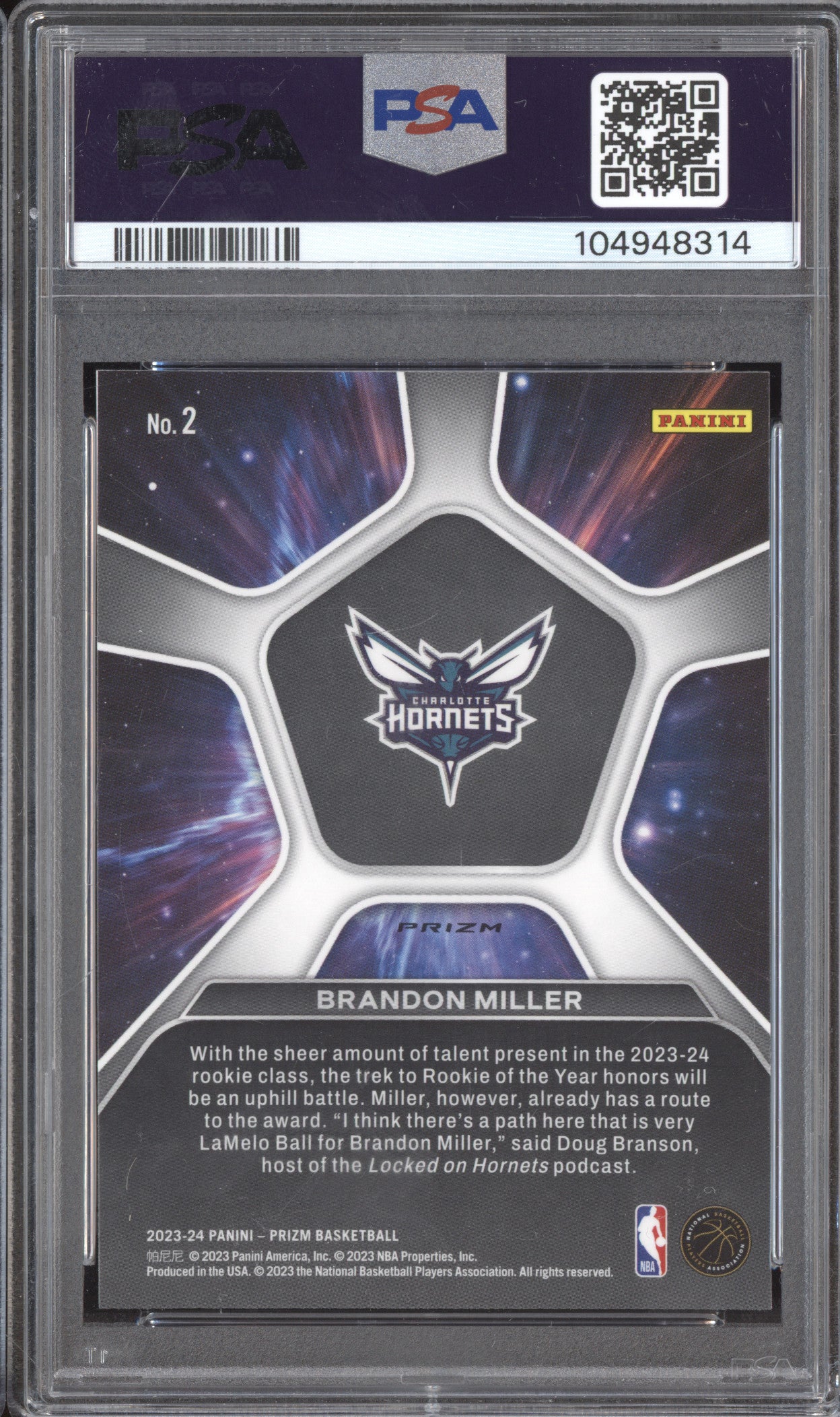 Brandon Miller 2023-24 Panini Prizm 2 Deep Space Green RC PSA 10