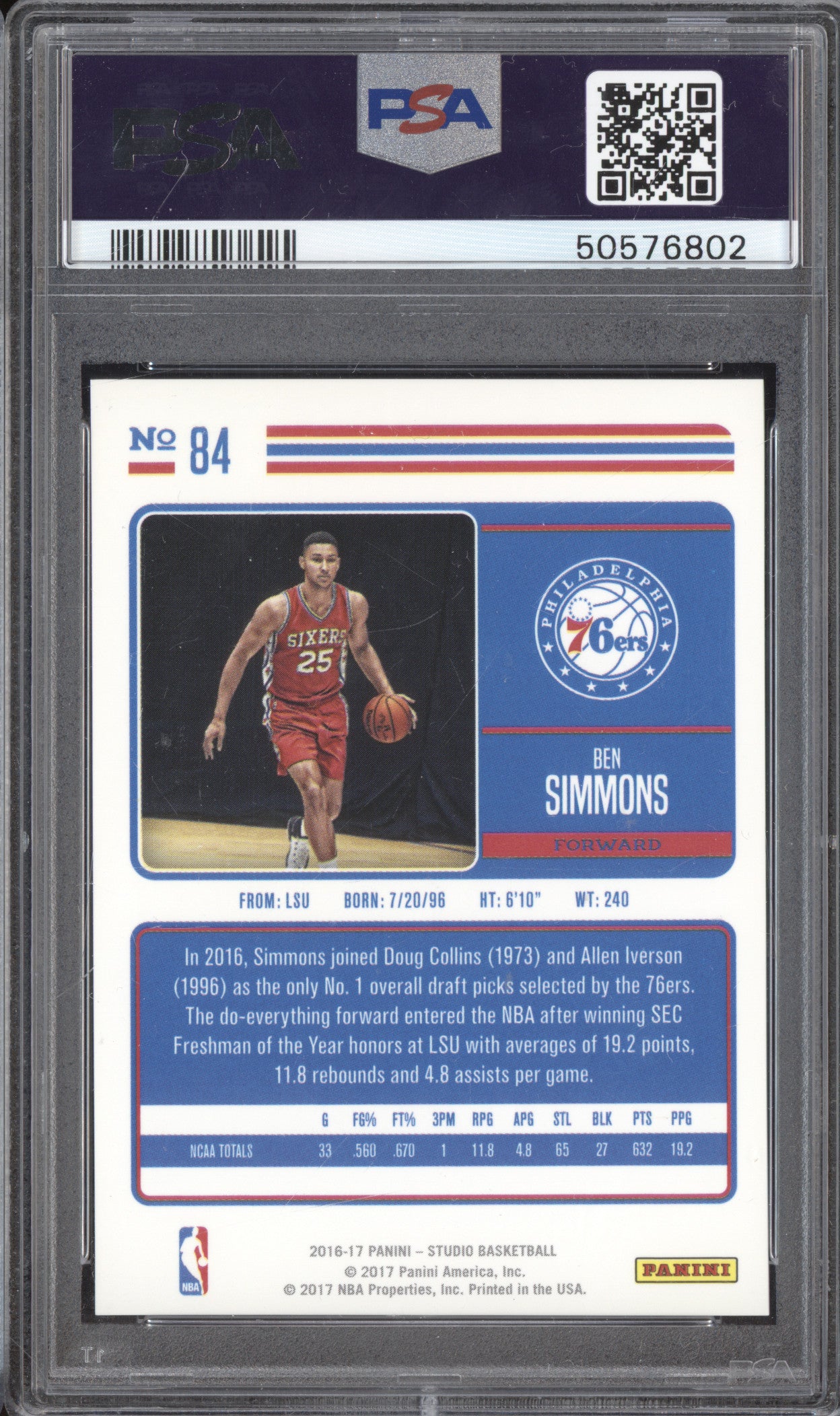 Ben Simmons 2016-17 Panini Studio 84 RC PSA 9