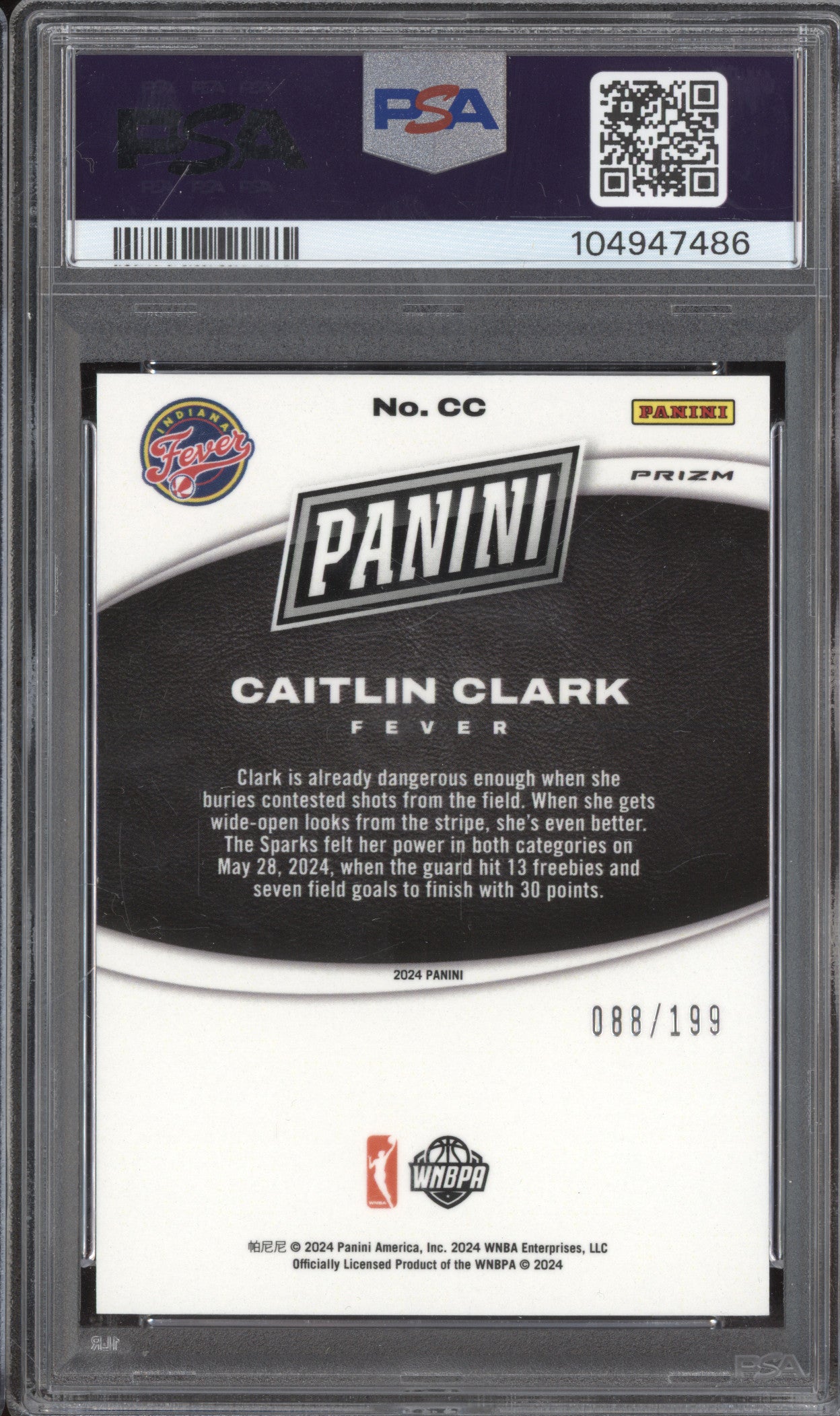 Caitlin Clark 2024 Panini Black Friday CC Rookies Opti RC 88/199 PSA 8