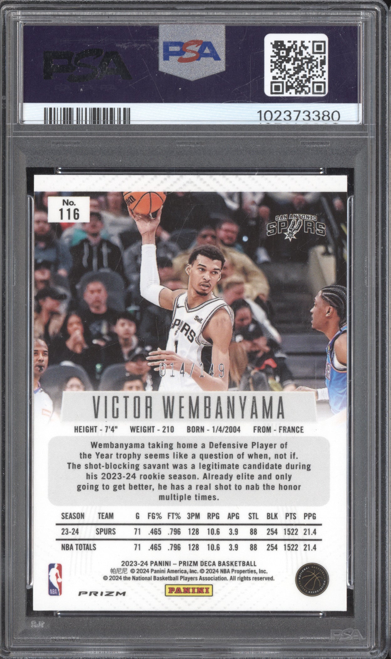 Victor Wembanyama 2023-24 Panini Prizm Deca 116 Blue RC 14/149 PSA 9