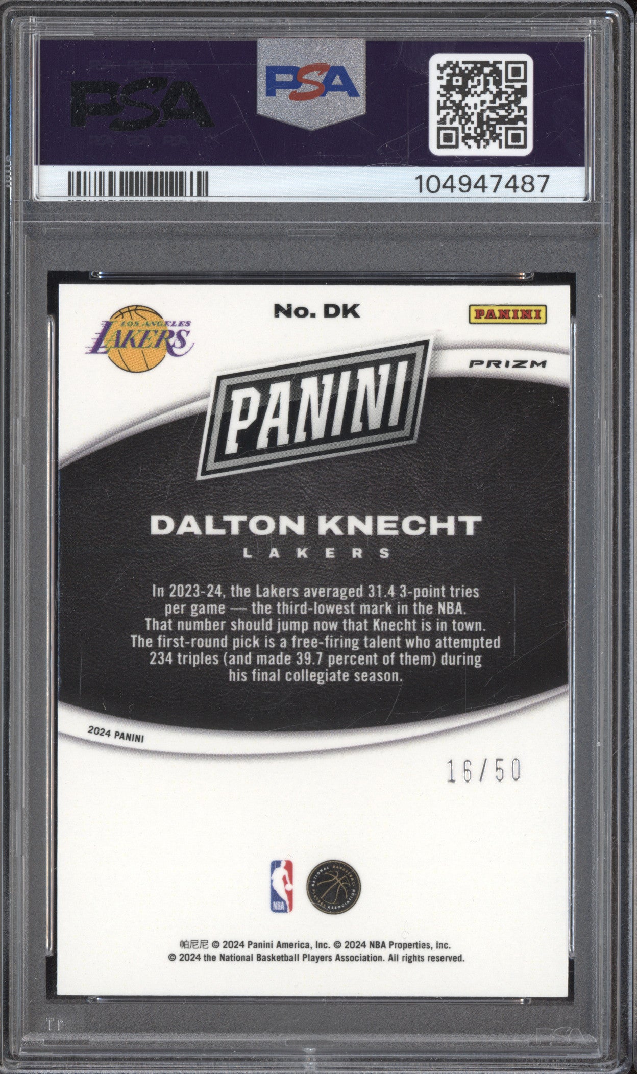 Dalton Knecht 2024 Panini Black Friday DK Insert 50 RC 16/50 PSA 9