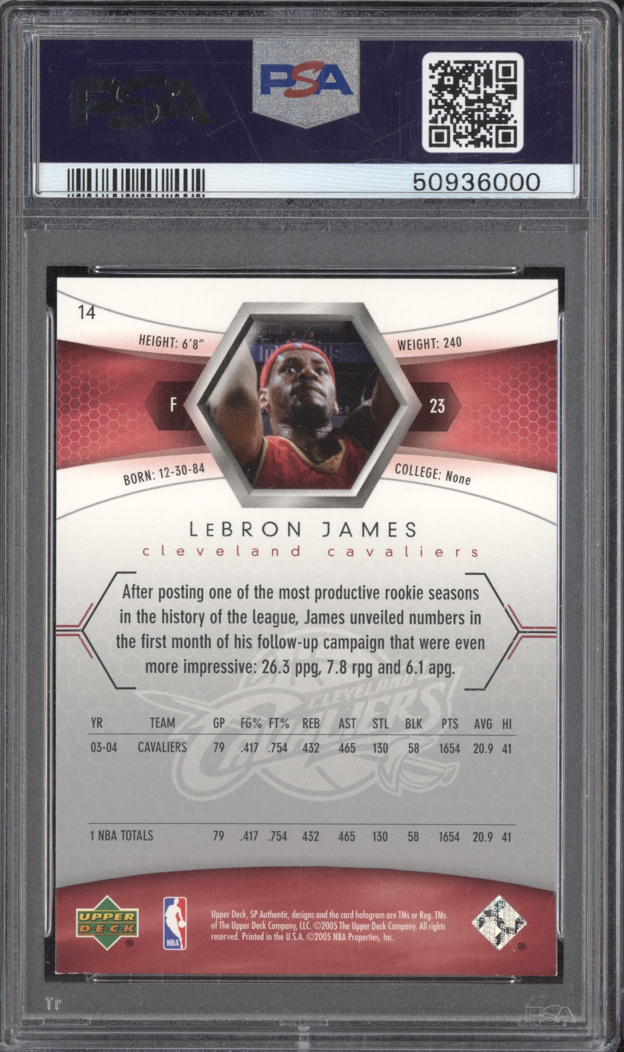 LeBron James 2004-05 SP Authentic 14 PSA 8