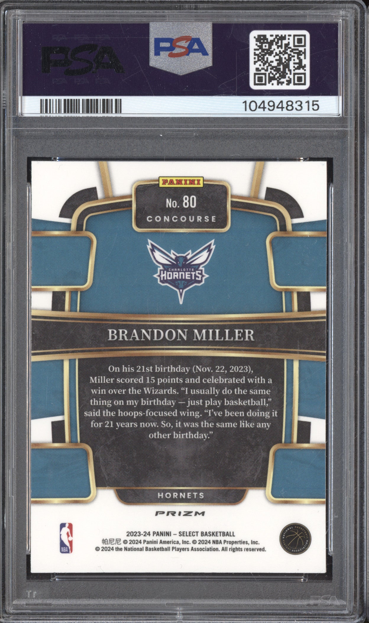 Brandon Miller 2023-24 Panini Select 80 Green Ice RC PSA 9