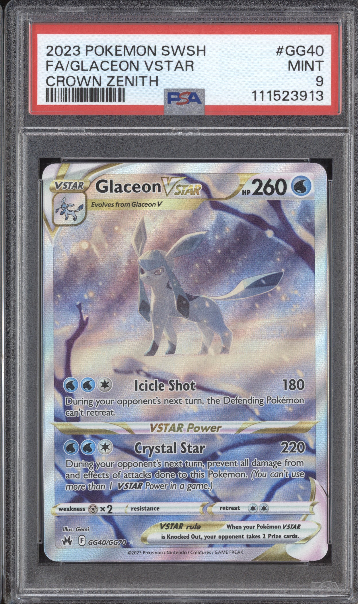 Glaceon VStar 2023 Pokemon Crown Zenith GG40/GG70 Full Art PSA 9