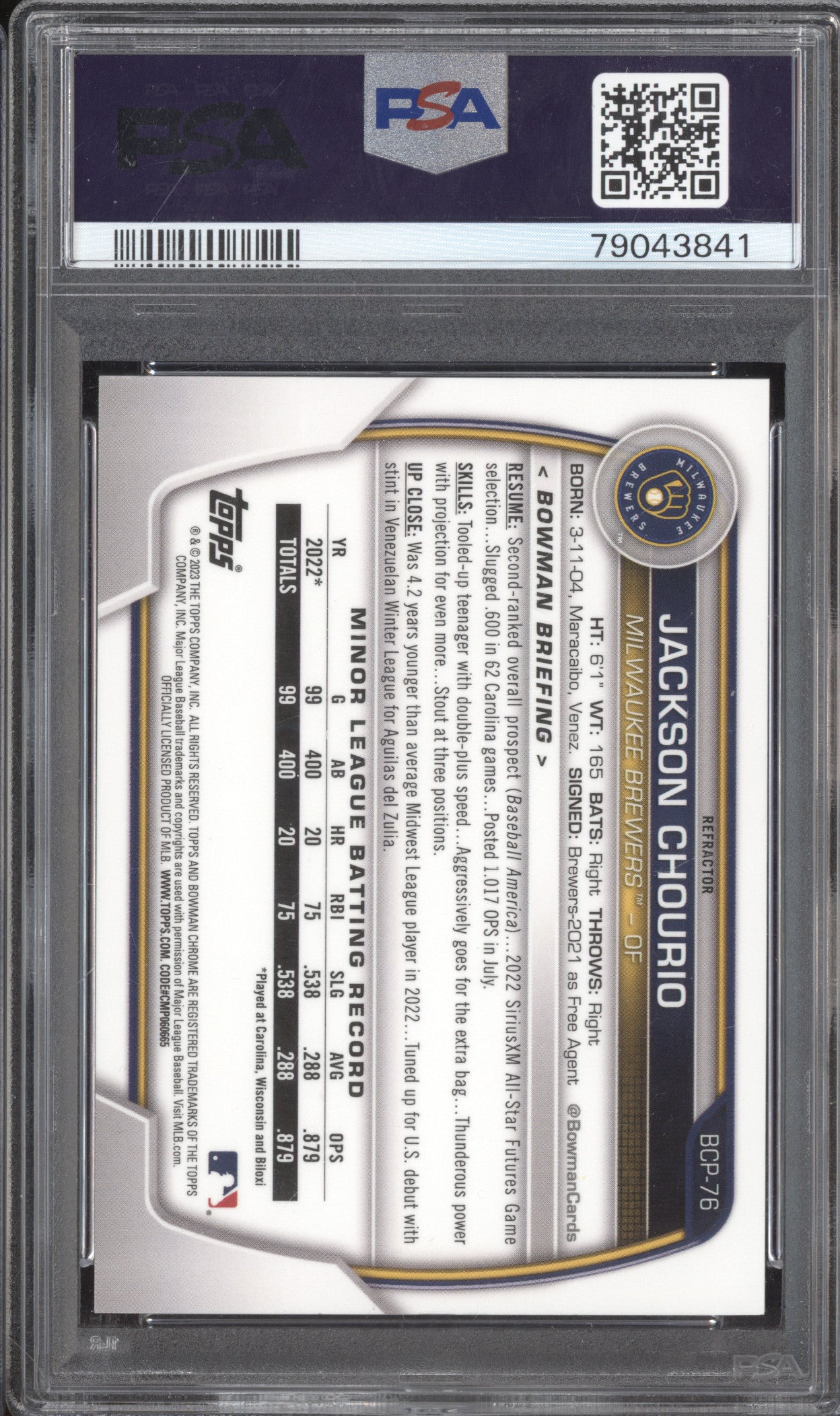 Jackson Chourio 2023 Bowman BCP-76 Chrome Prospect Refractor 134/499 PSA 10