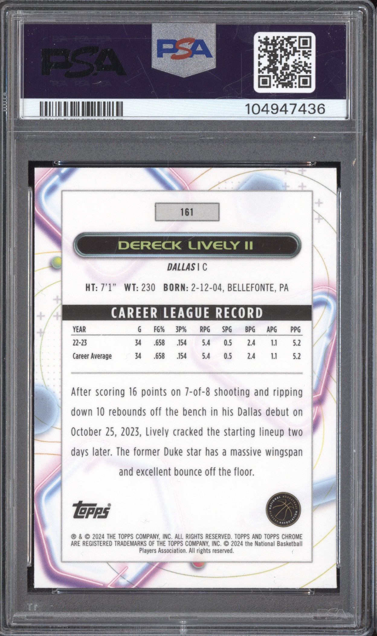 Dereck Lively 2023-24 Topps Cosmic Chrome 161 White Hole Refractor RC PSA 10