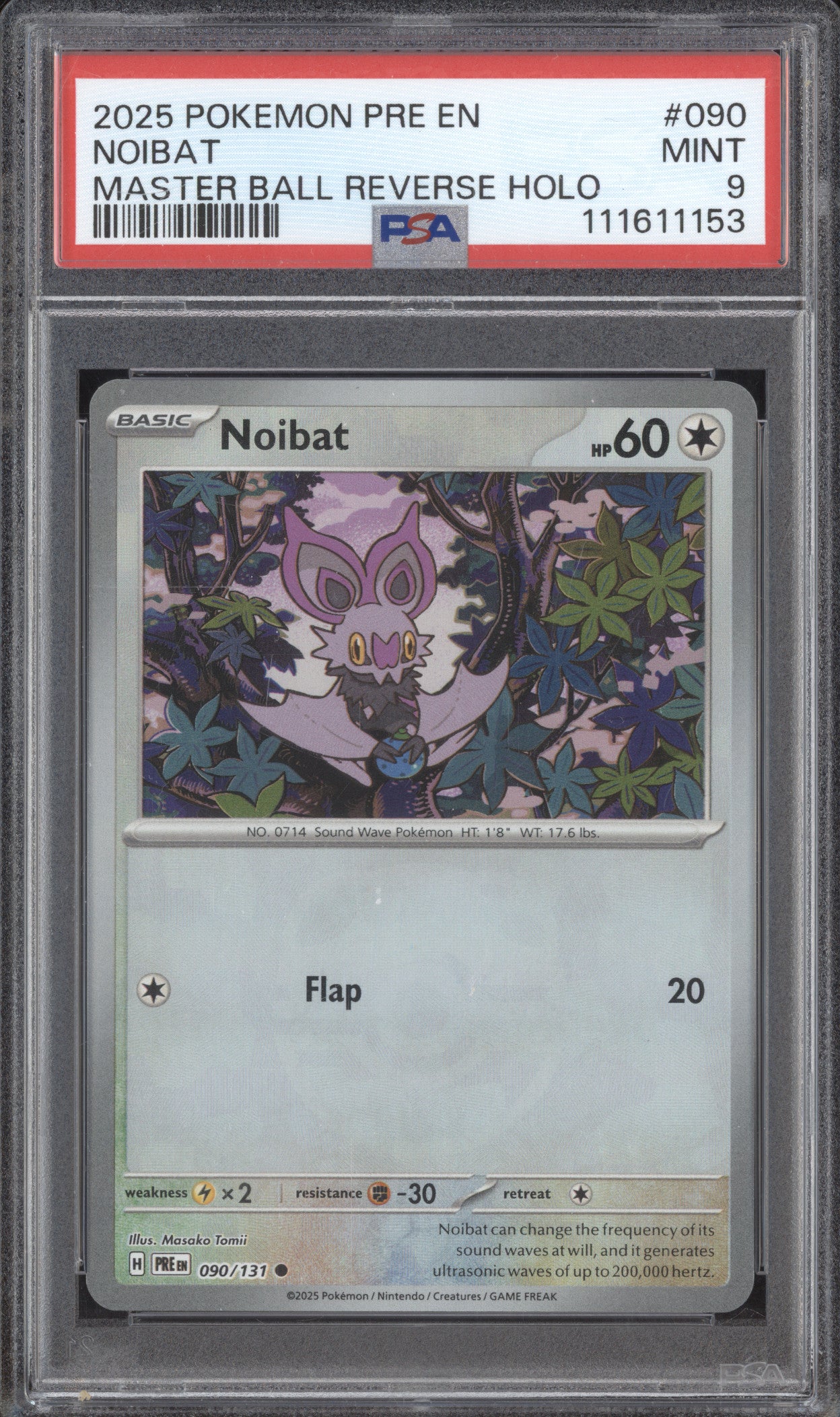 Noibat 2025 Pokemon Prismatic Evolutions 090/131 Master Ball Reverse Holo PSA 9