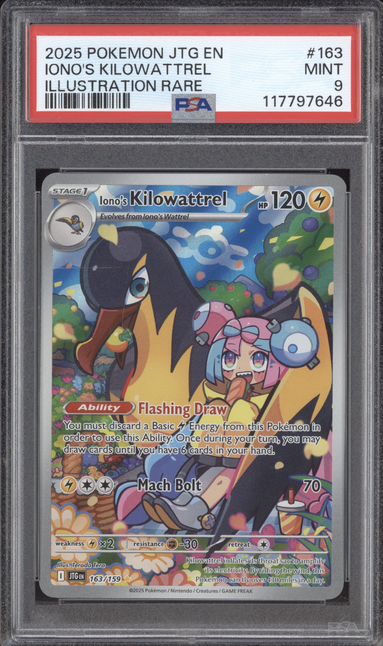 Iono's Kilowattrel 2025 Pokemon Journey Together 163/159 Illustration Rare PSA 9