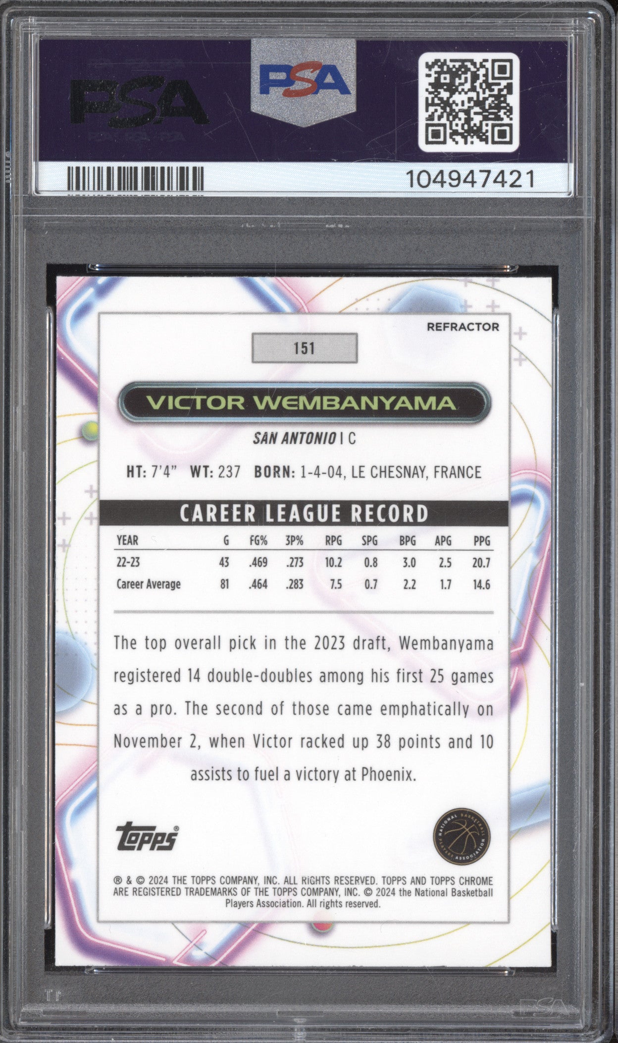 Victor Wembanyama 2023-24 Topps Cosmic Chrome 151 Refractor RC PSA 10