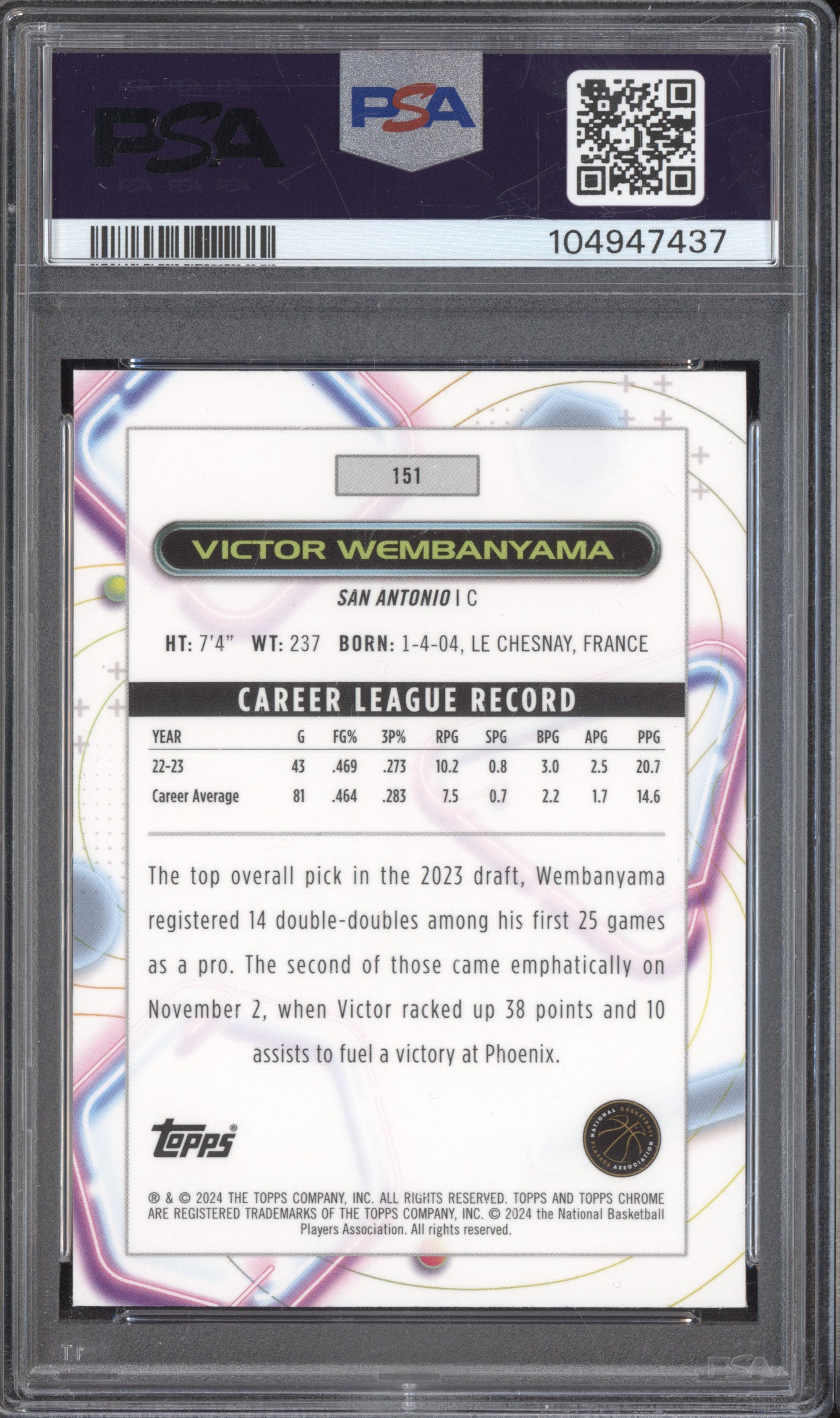 Victor Wembanyama 2023-24 Topps Cosmic Chrome 151 RC PSA 10