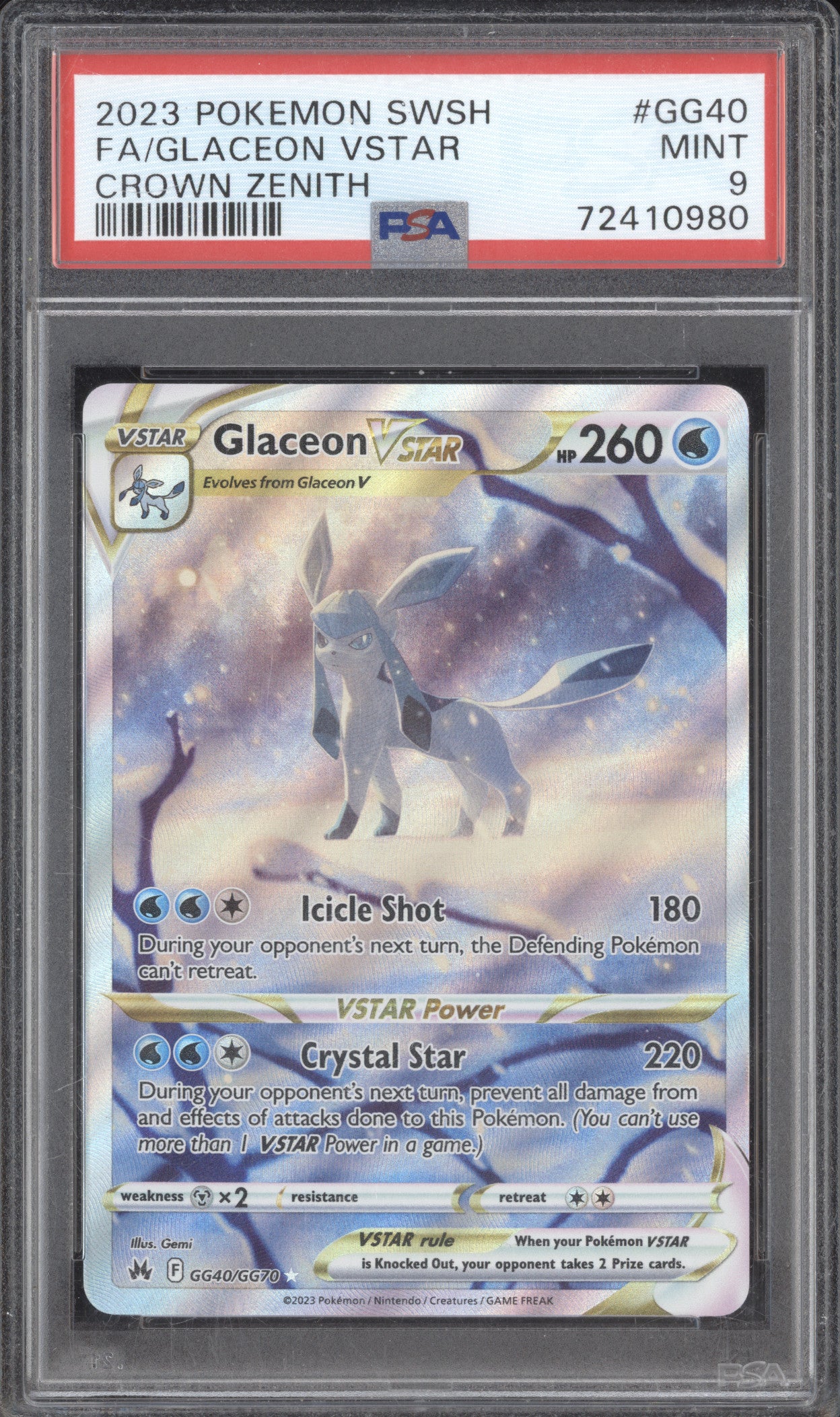 Glaceon VStar 2023 Pokemon Crown Zenith GG40/GG70 Full Art PSA 9