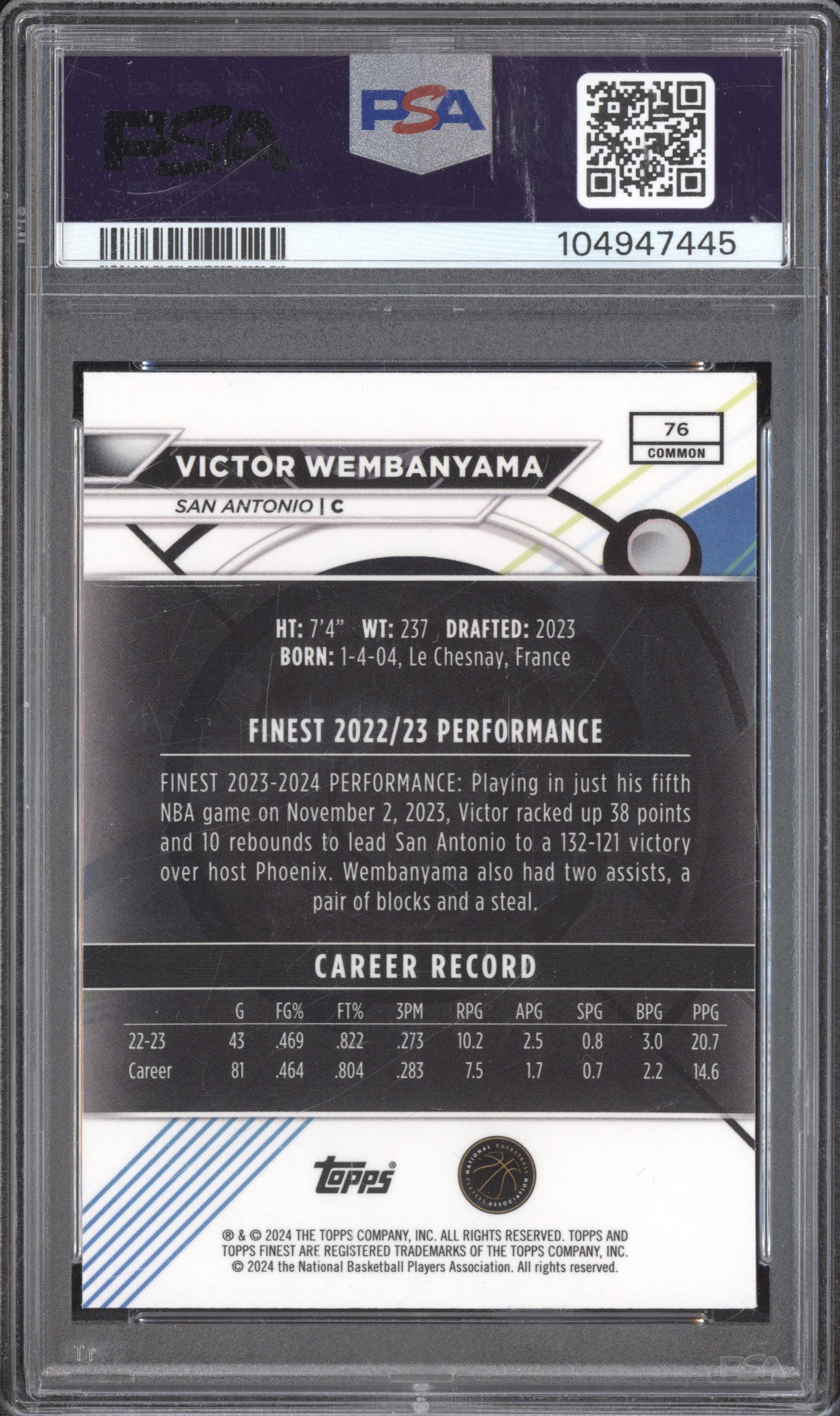 Victor Wembanyama 2023-24 Topps Finest 76 RC PSA 10