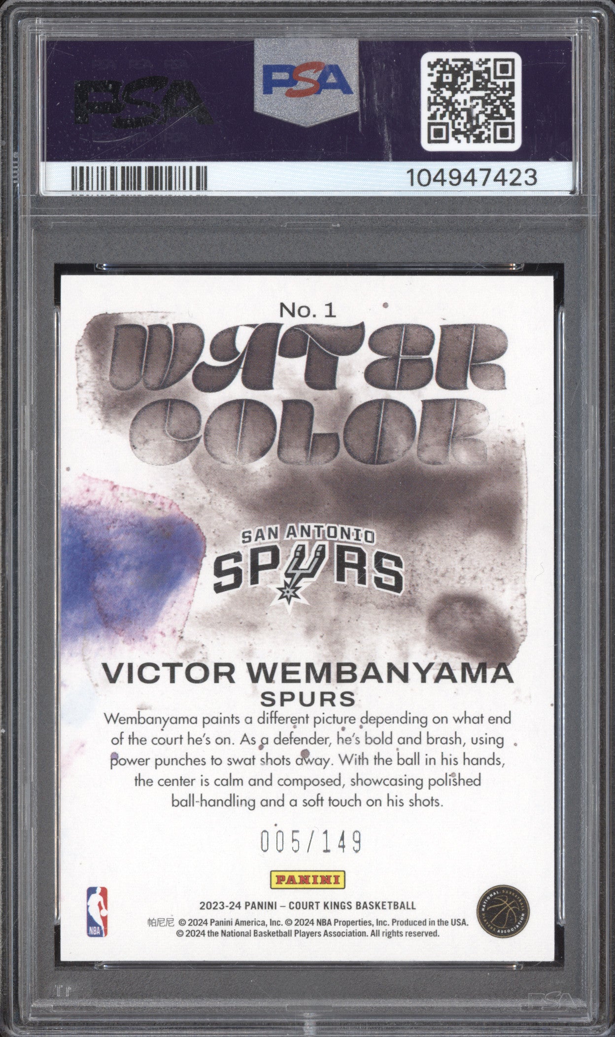 Victor Wembanyama 2023-24 Panini Court Kings 1 Water Color Ruby RC 5/149 PSA 10