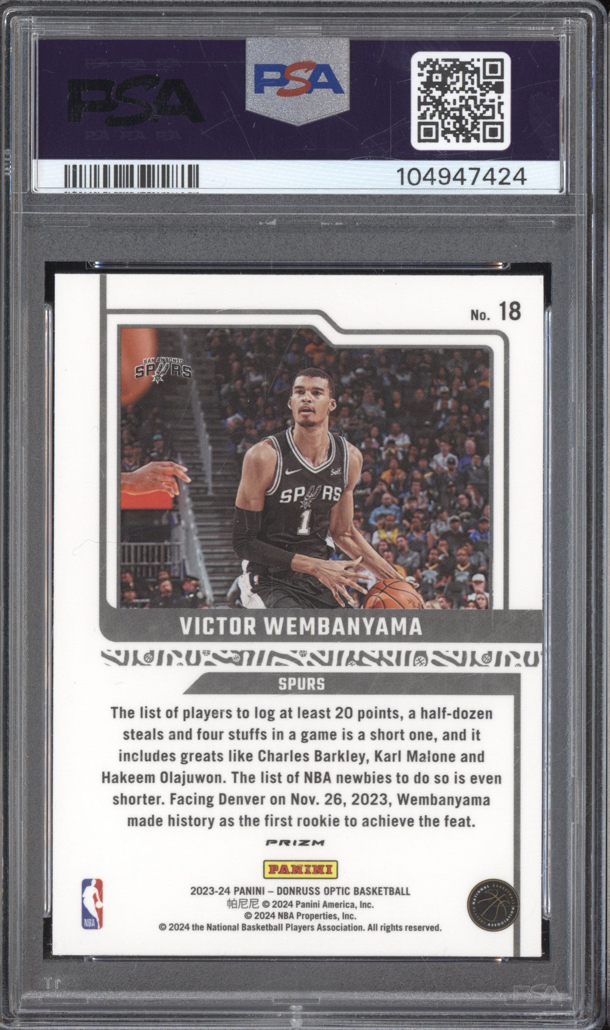 Victor Wembanyama 2023-24 Panini Donruss Optic Elite Dominators Holo RC PSA 10