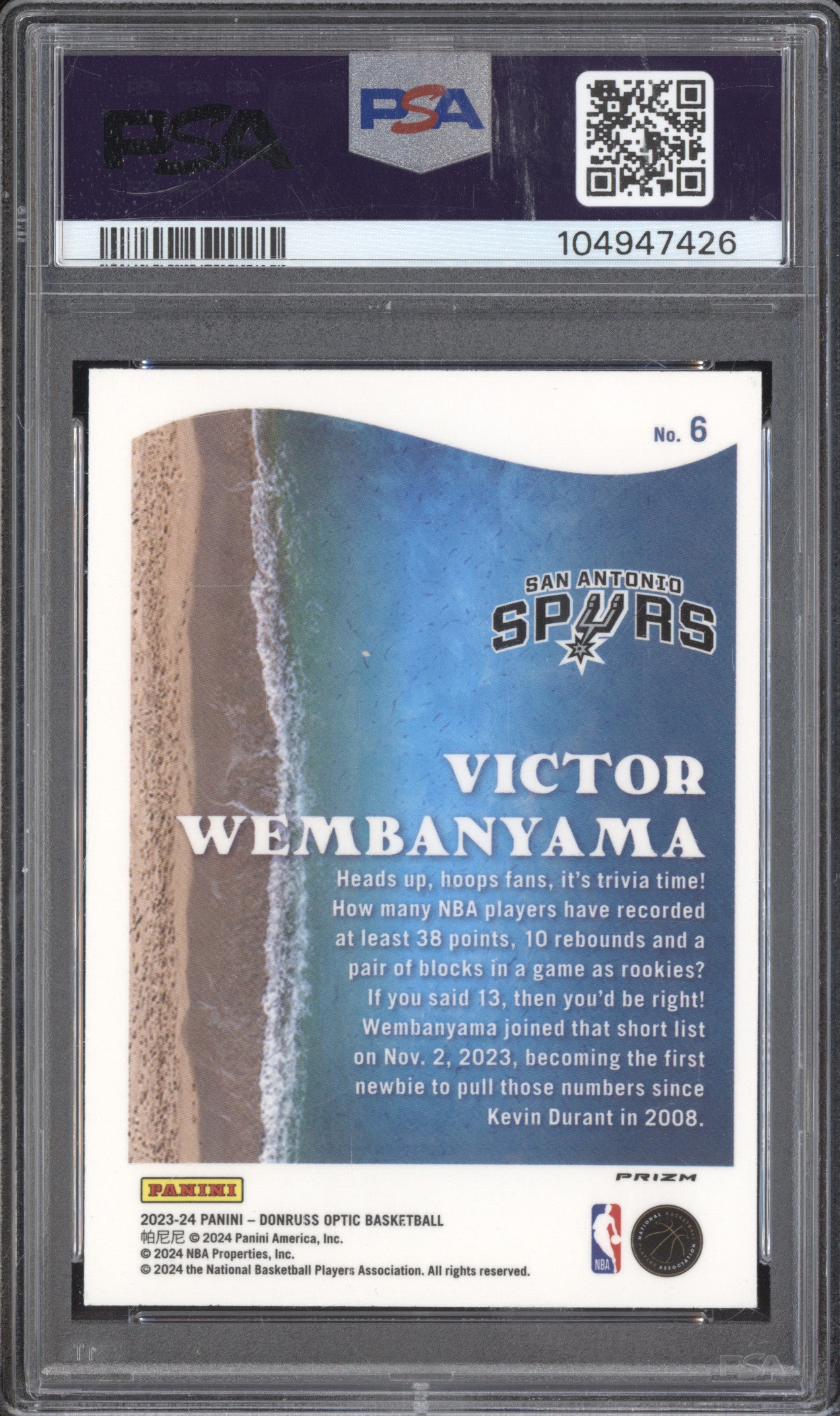 Victor Wembanyama 2023-24 Panini Donruss Optic 6 Splash Purple RC PSA 10