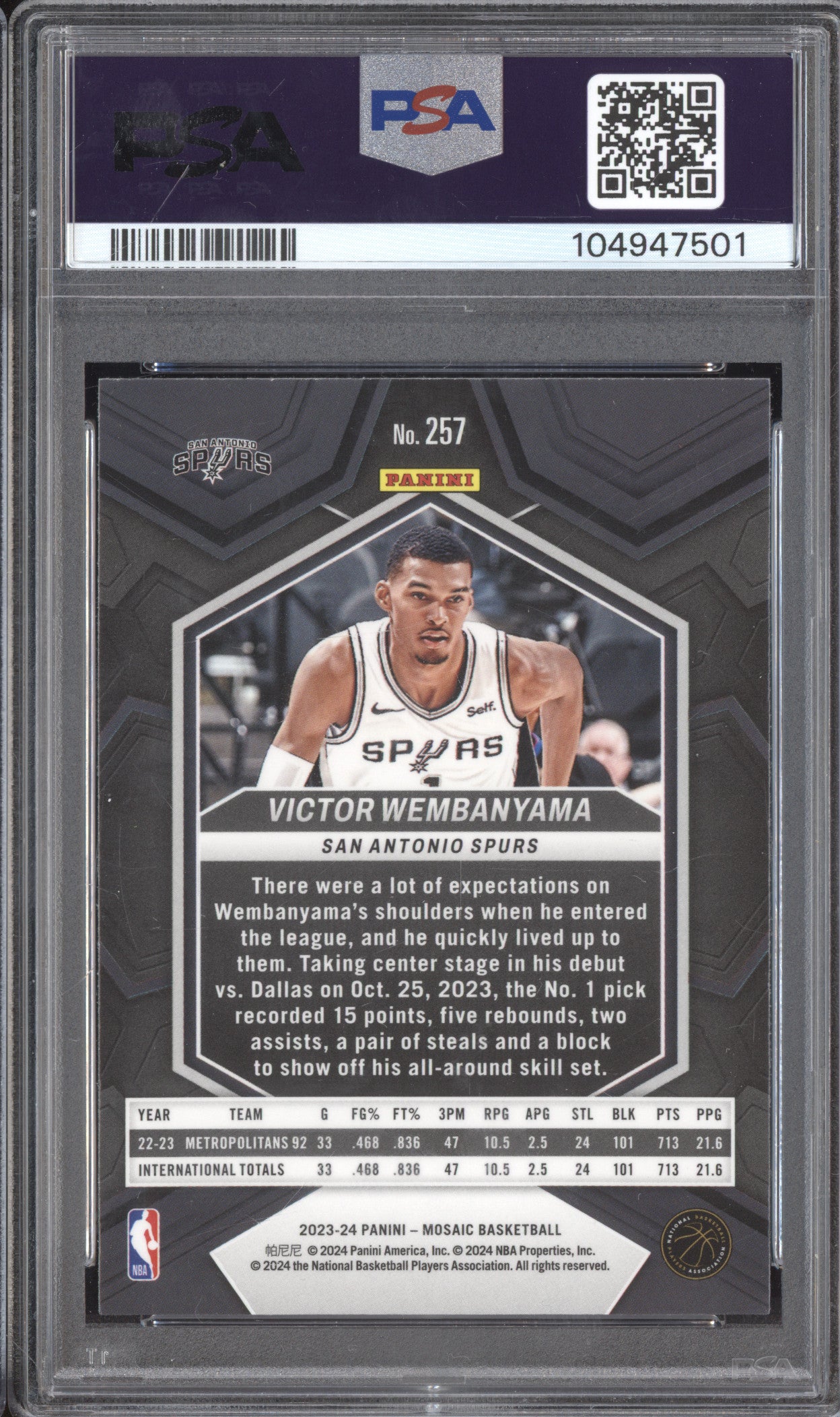 Victor Wembanyama 2023-24 Panini Mosaic 257 RC PSA 10