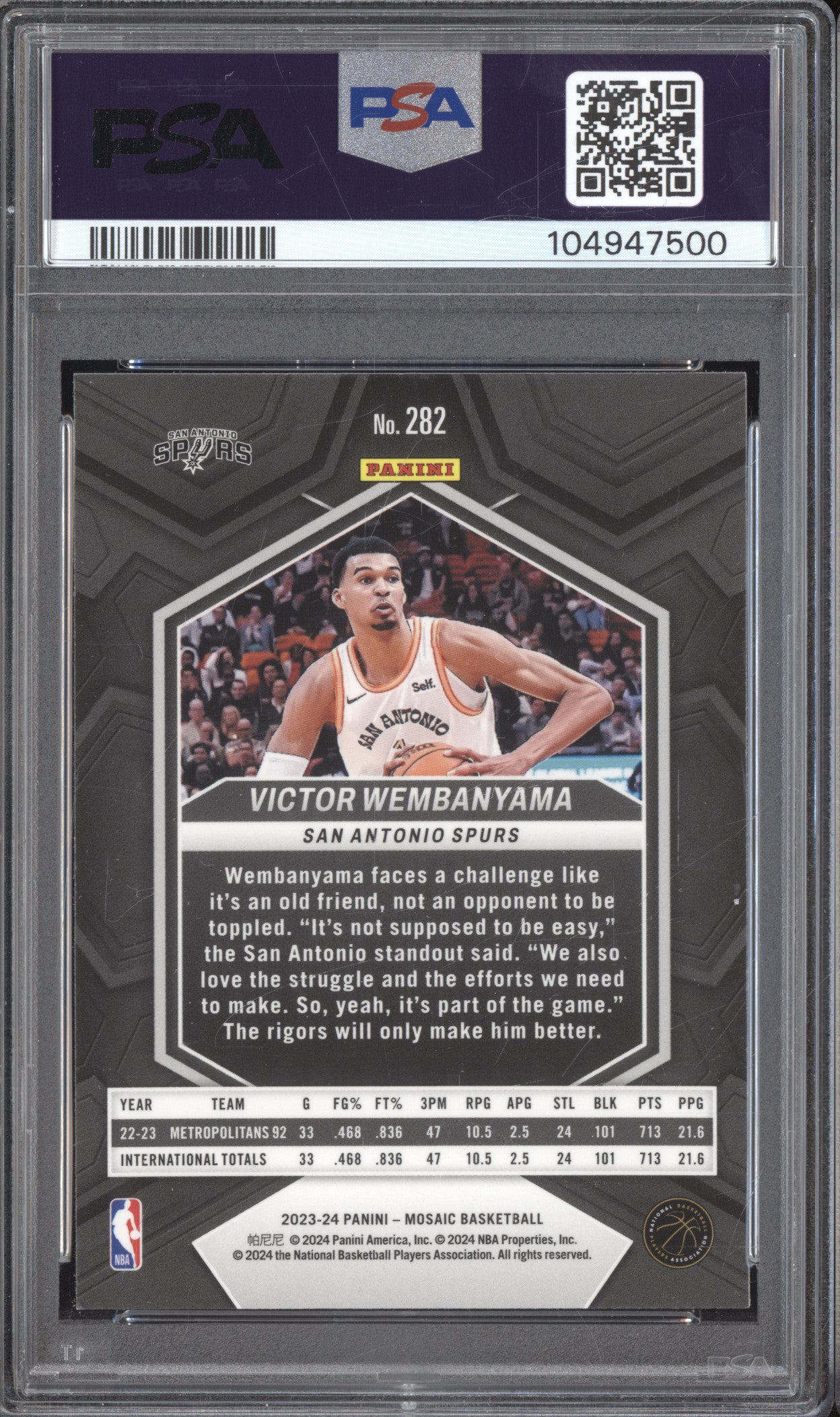 Victor Wembanyama 2023-24 Panini Mosaic 282 RC PSA 9
