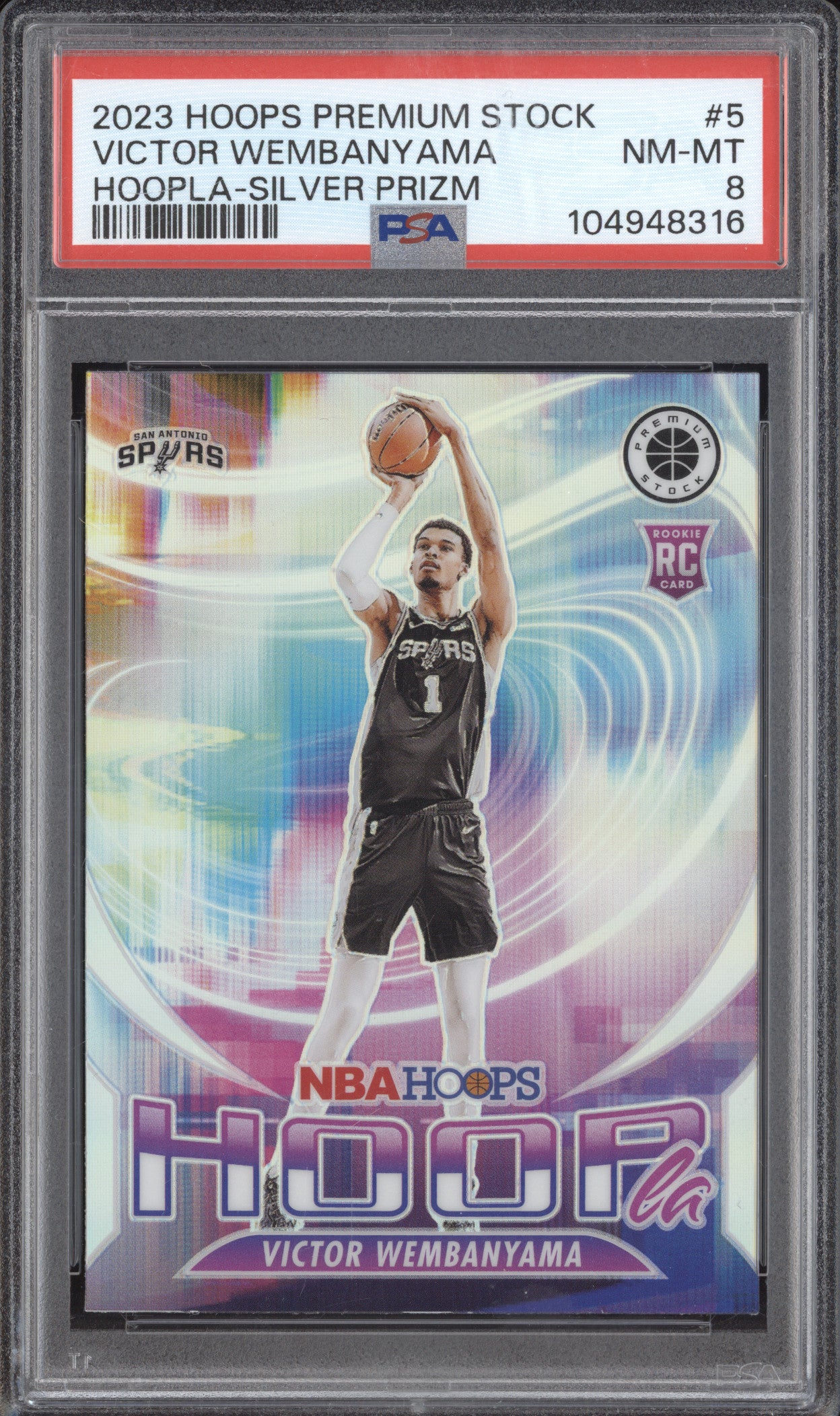 Victor Wembanyama 2023-24 Panini Hoops Premium Stock 5 Hoopla Silver RC PSA 8