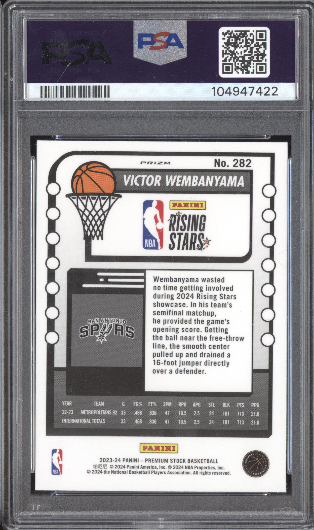 Victor Wembanyama 2023-24 Panini Hoops Premium Stock 282 Ice RC PSA 9