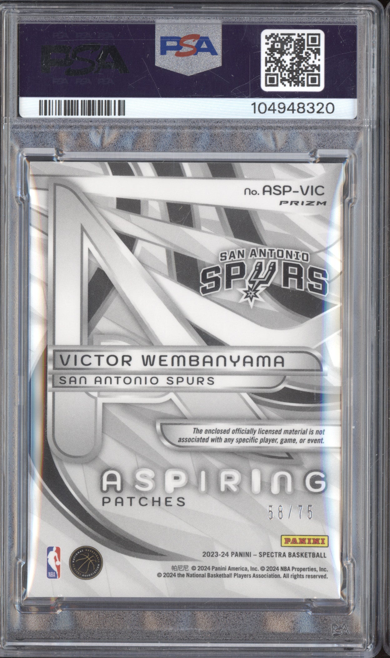 Victor Wembanyama 2023-24 Panini Spectra Aspiring Interstellar RC /75 PSA 9