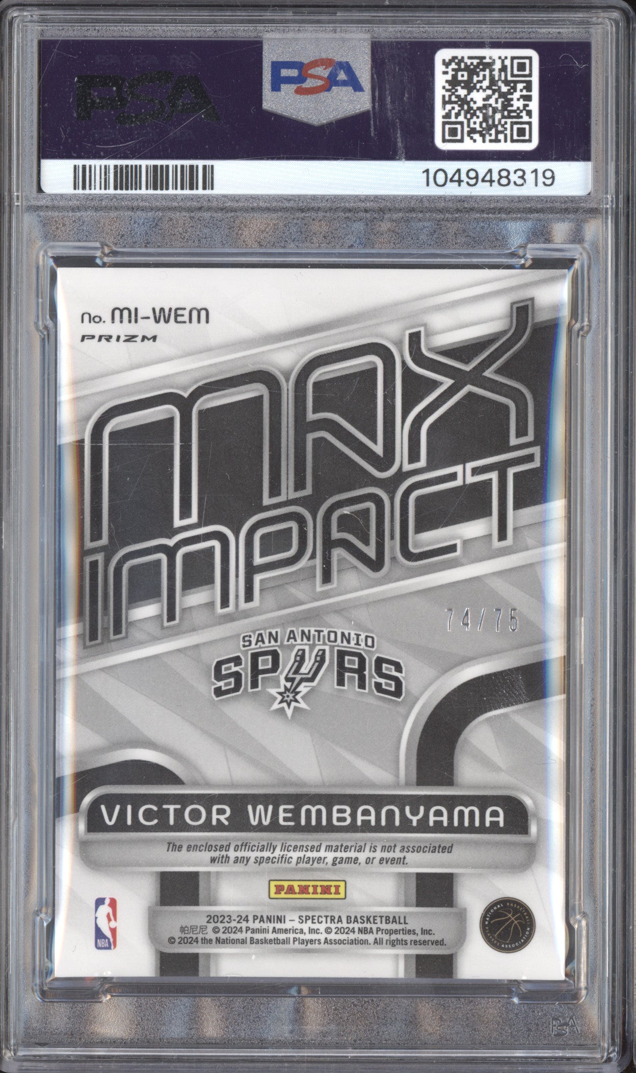 Victor Wembanyama 2023-24 Panini Spectra Max Impact Interstellar RC /75 PSA 9