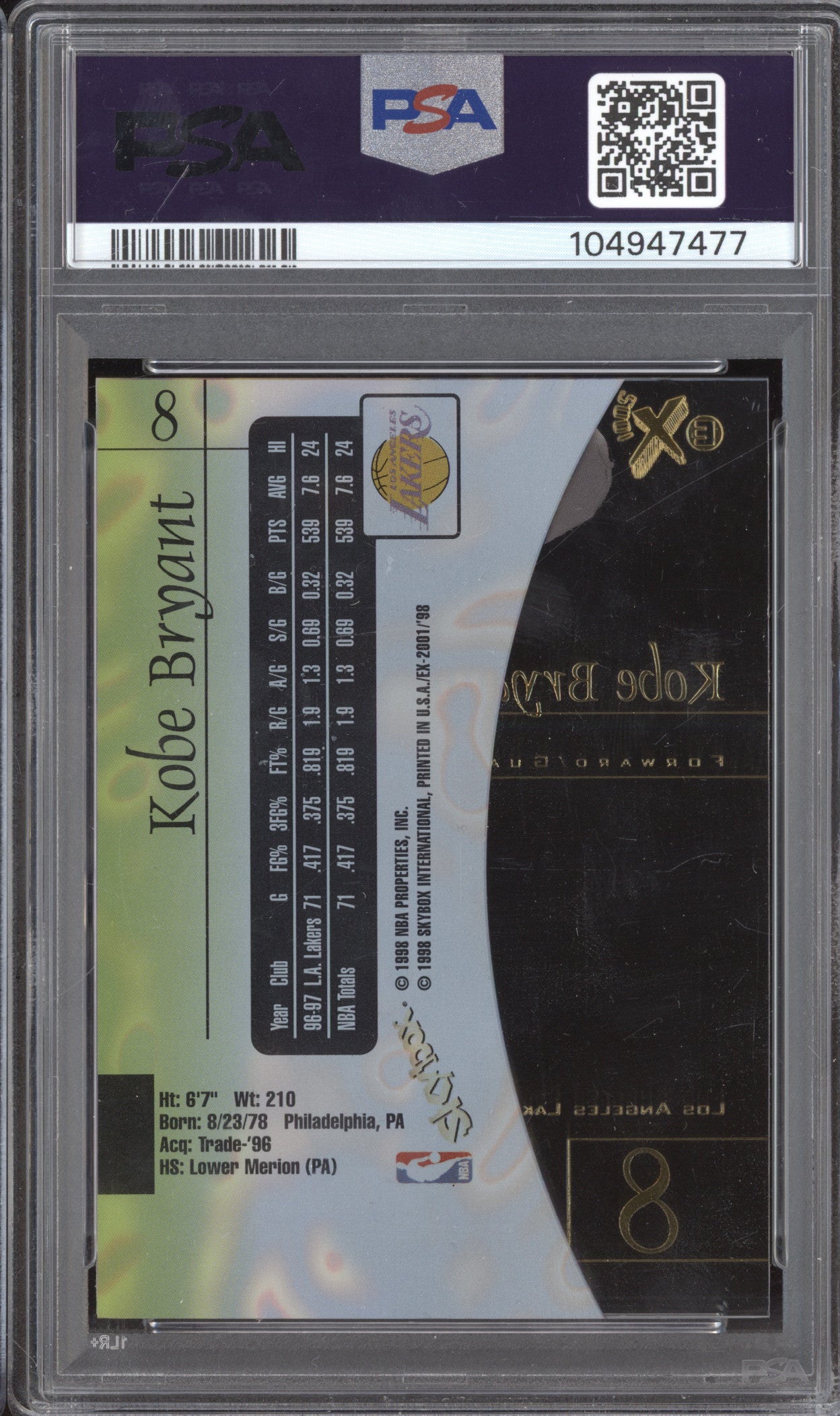 Kobe Bryant 1997-98 Skybox E-X 2001 8 PSA 9