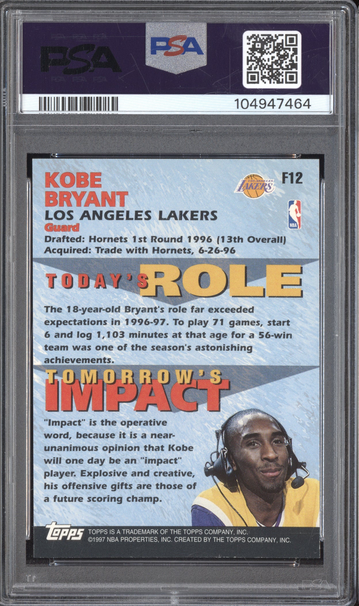 Kobe Bryant 1997-98 Toops F12 Fantastic 15 PSA 9