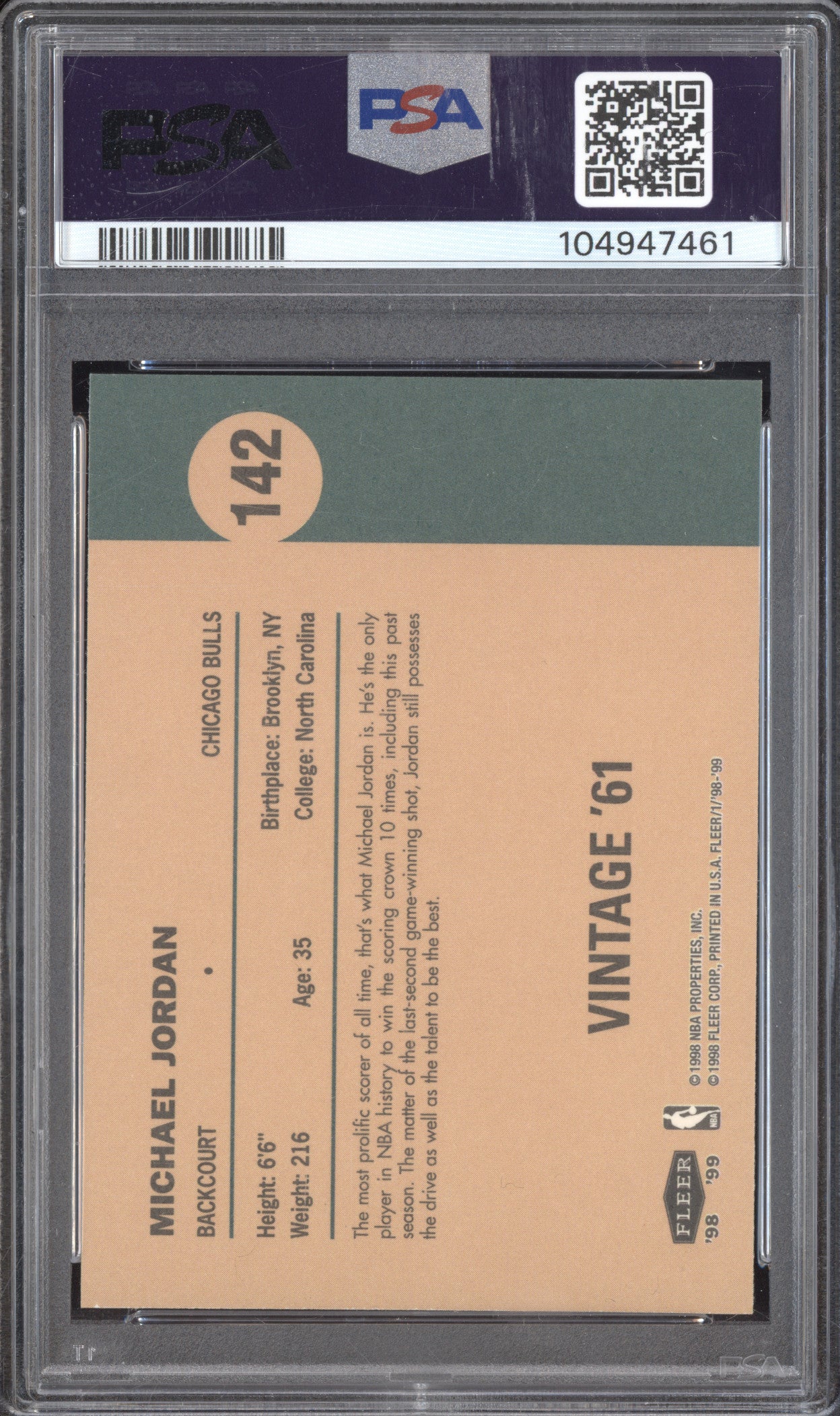 Michael Jordan 1998-99 Fleer Tradition 142 Vintage '61 PSA 10