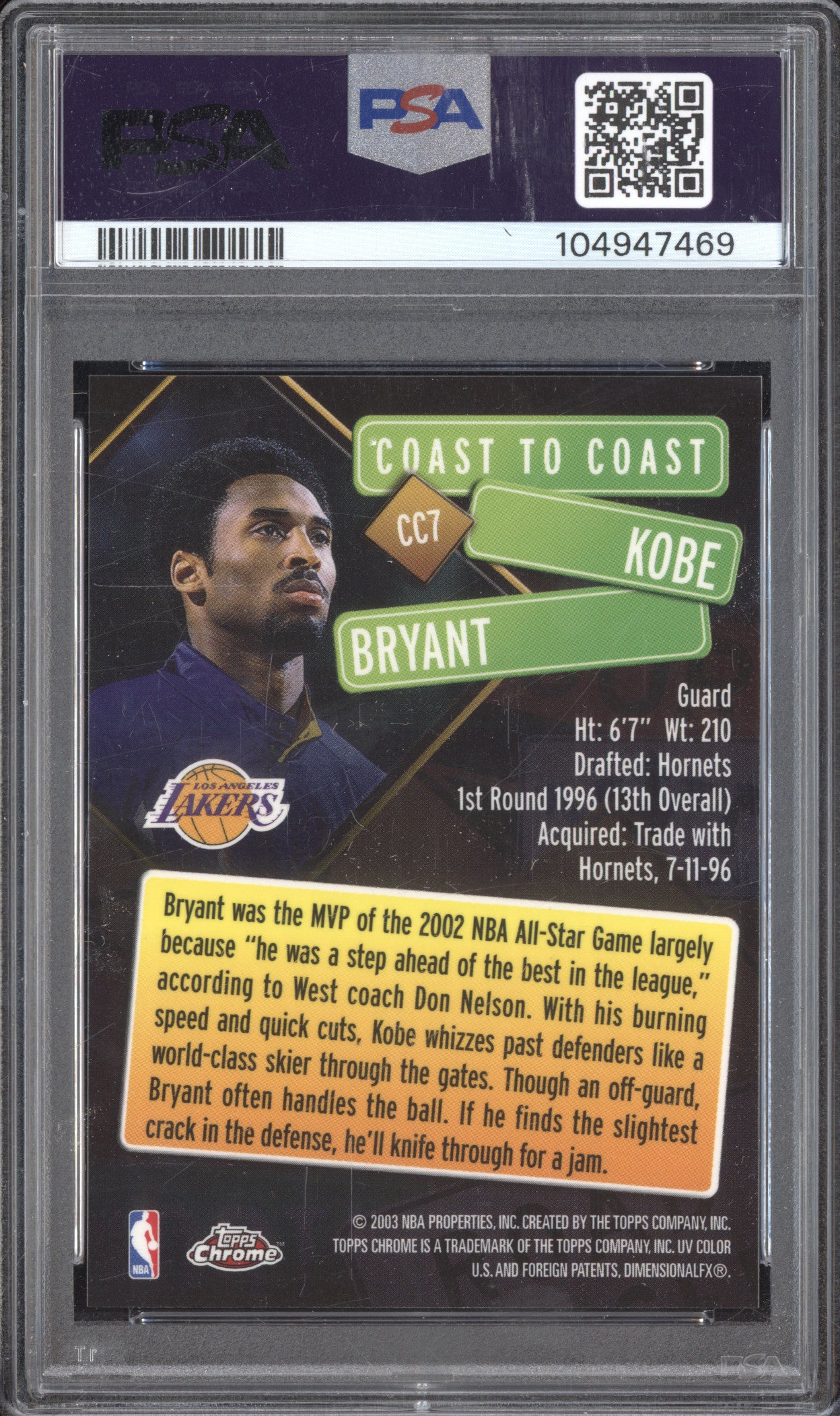 Kobe Bryant 2002-03 Topps Chrome CC7 Coast to Coast PSA 10