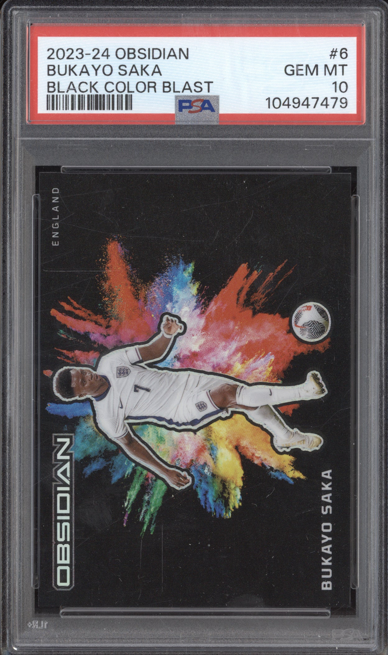 Bukayo Saka 2023-24 Panini Obsidian 6 Black Color Blast PSA 10