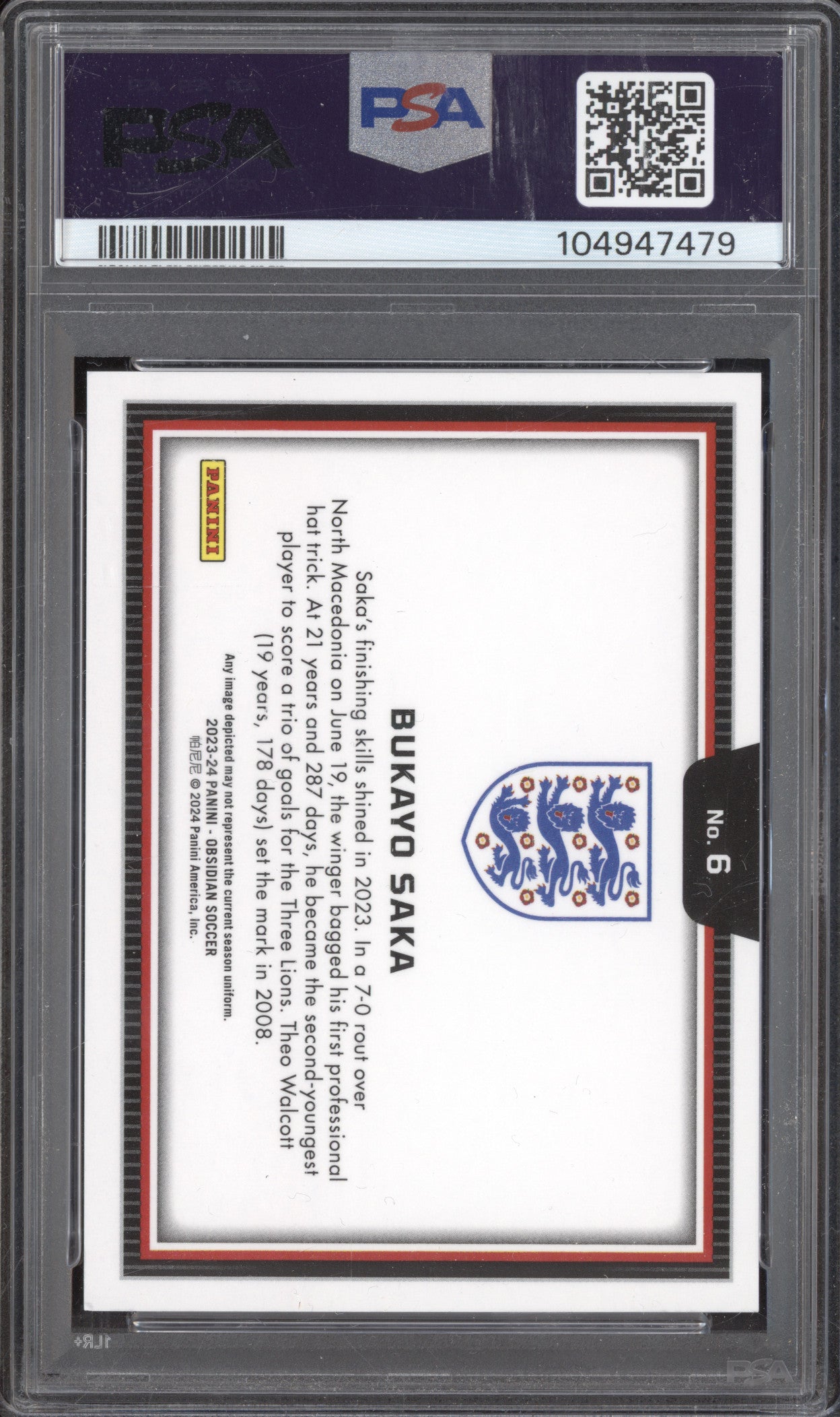 Bukayo Saka 2023-24 Panini Obsidian 6 Black Color Blast PSA 10