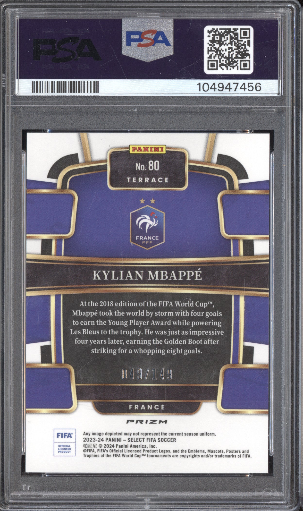 Kylian Mbappe 2023-24 Panini Select 80 Red Wave 49/149 PSA 10