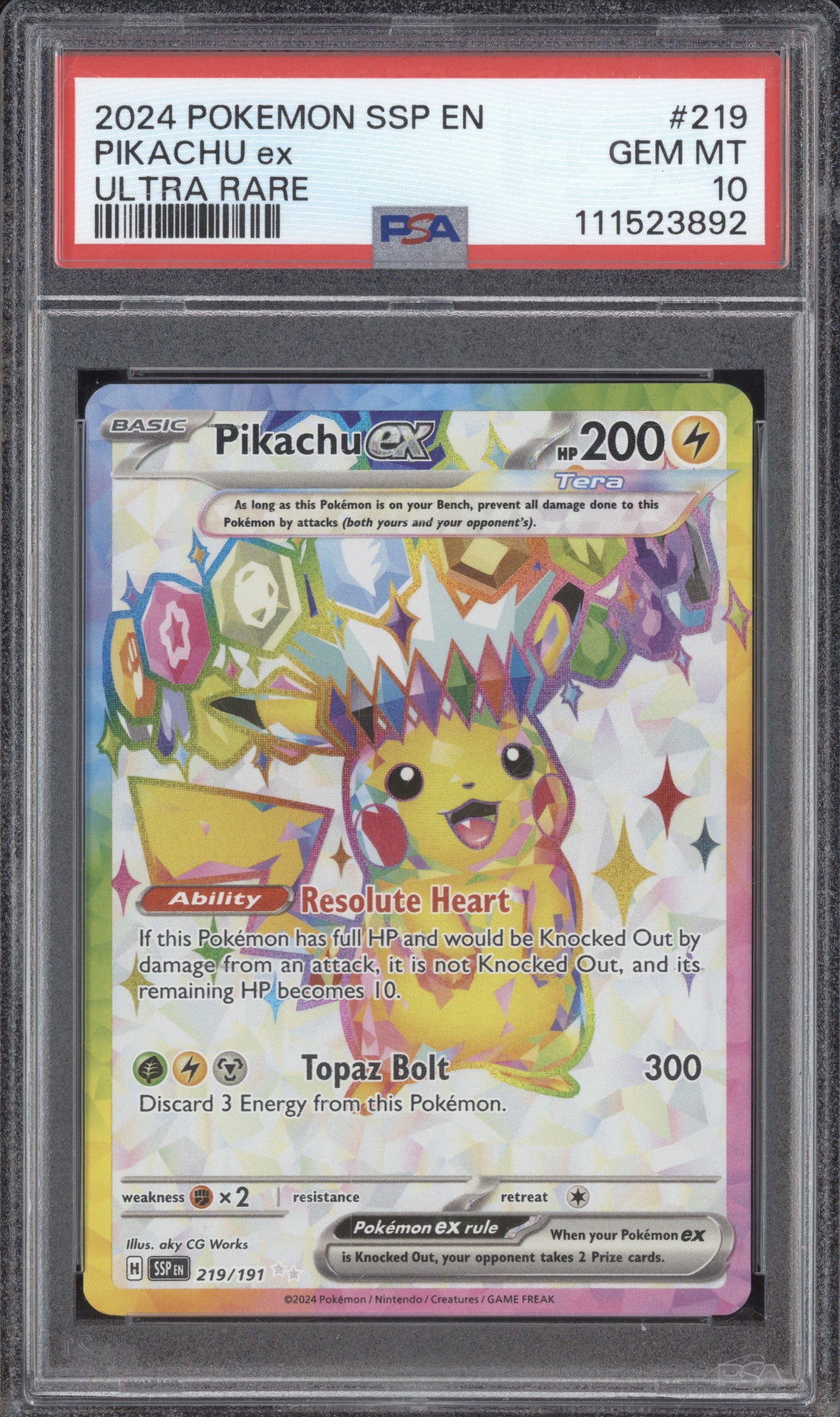 Pikachu ex 2024 Pokemon Surging Sparks 219/191 Ultra Rare PSA 10