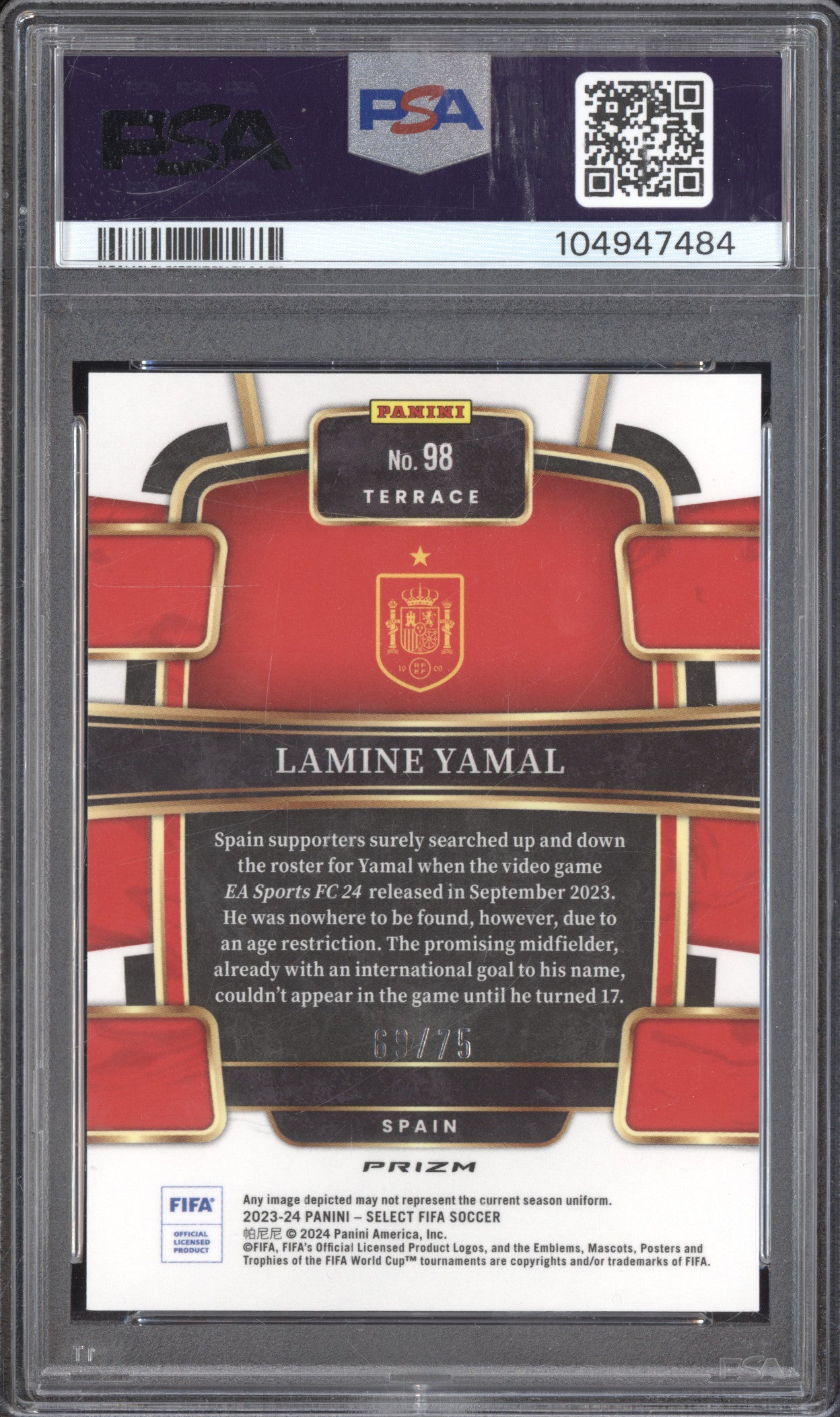 Lamine Yamal 2023-24 Panini Select 98 Pink RC 69/75 PSA 10