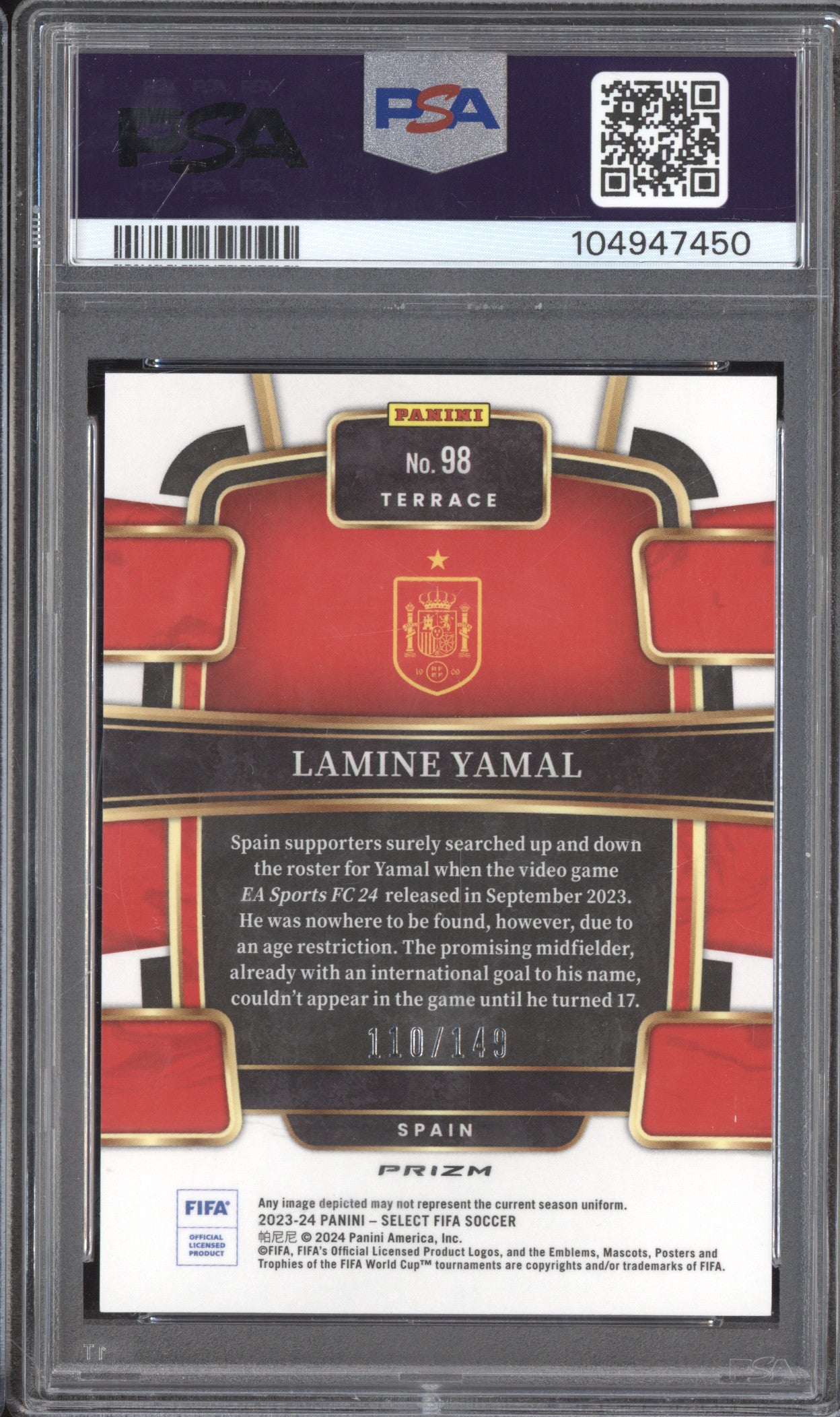 Lamine Yamal 2023-24 Panini Select 98 Red Wave RC 110/149 PSA 10