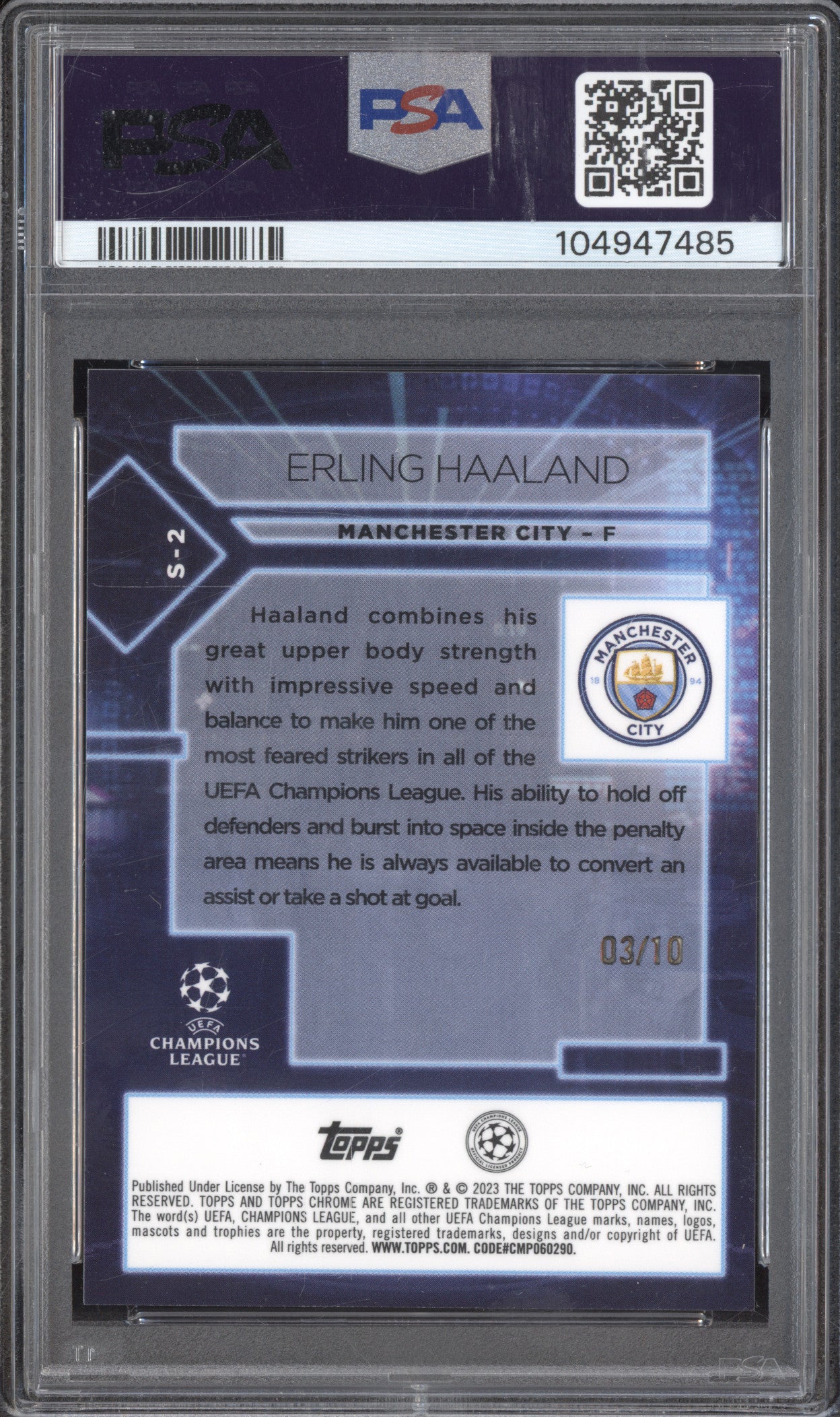 Erling Haaland 2022-23 Topps Chrome S-2 Specimen Black Refractor 3/10 PSA 10