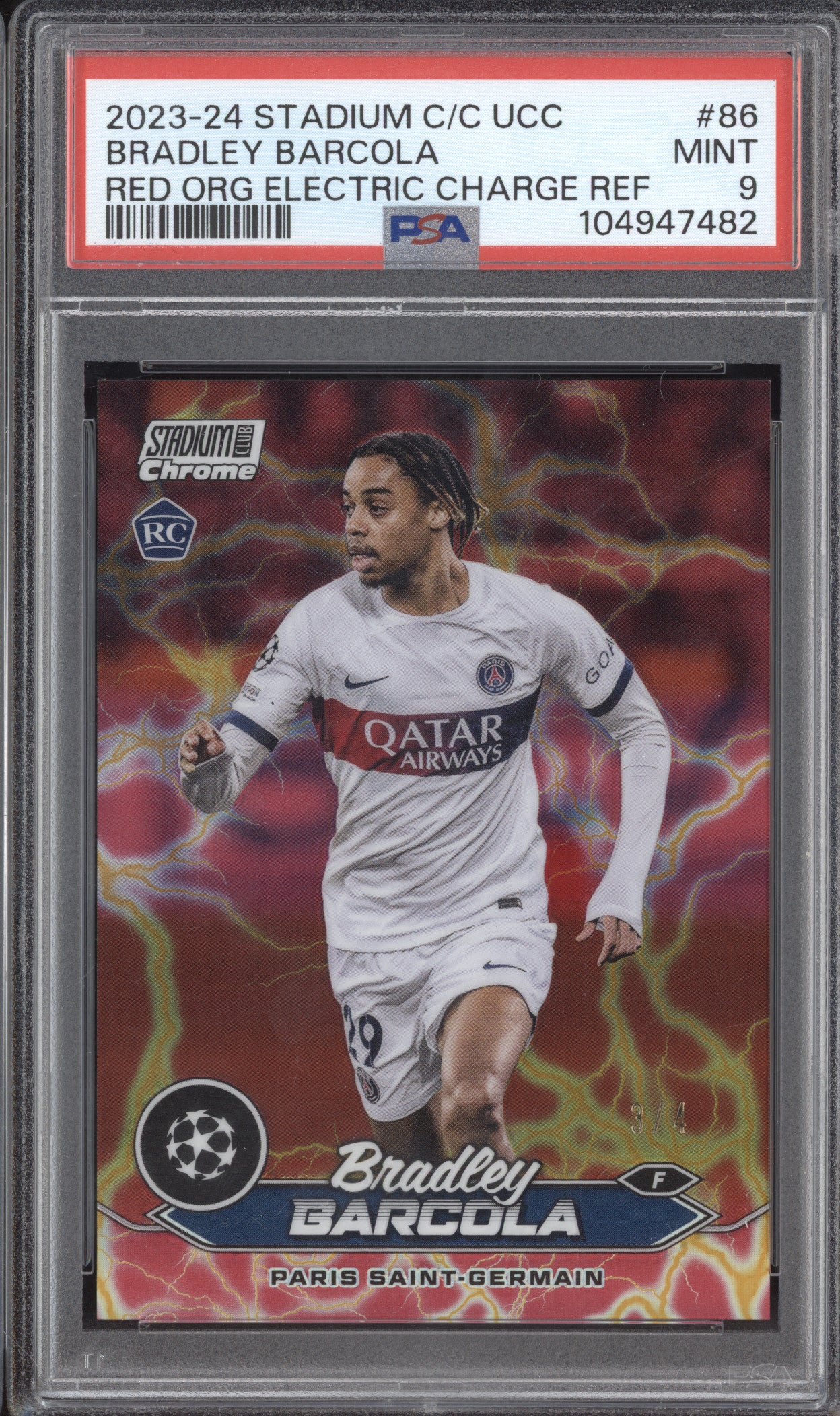 Bradley Barcola 2023-24 Topps Stadium Club Chrome 86 Red Orange EC RC 3/4 PSA 9