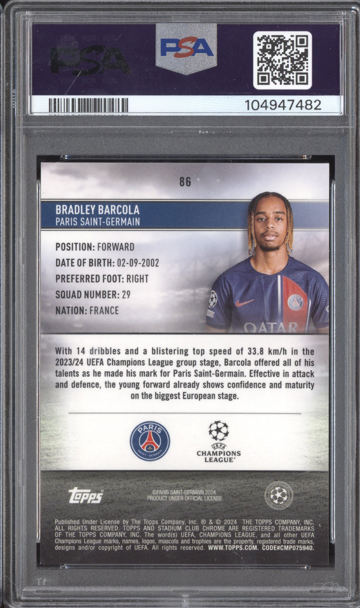 Bradley Barcola 2023-24 Topps Stadium Club Chrome 86 Red Orange EC RC 3/4 PSA 9