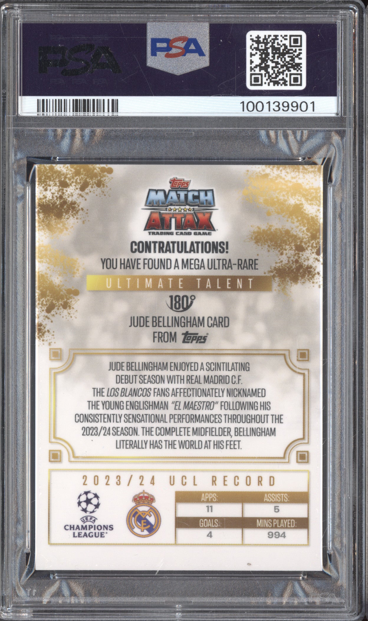 Jude Bellingham 2024-25 Topps Match Attax UCC UTB-JB Ultimate Talent 180 PSA 9