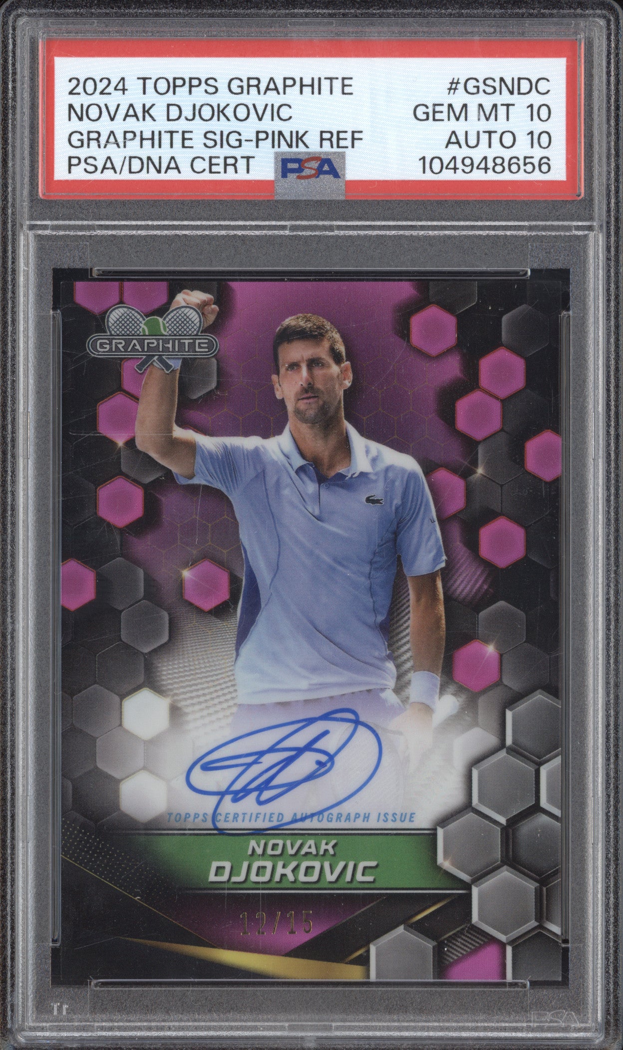 Novak Djokovic 2024 Topps Graphite GS-NDC Graphite Auto Pink 12/15 PSA 10/10