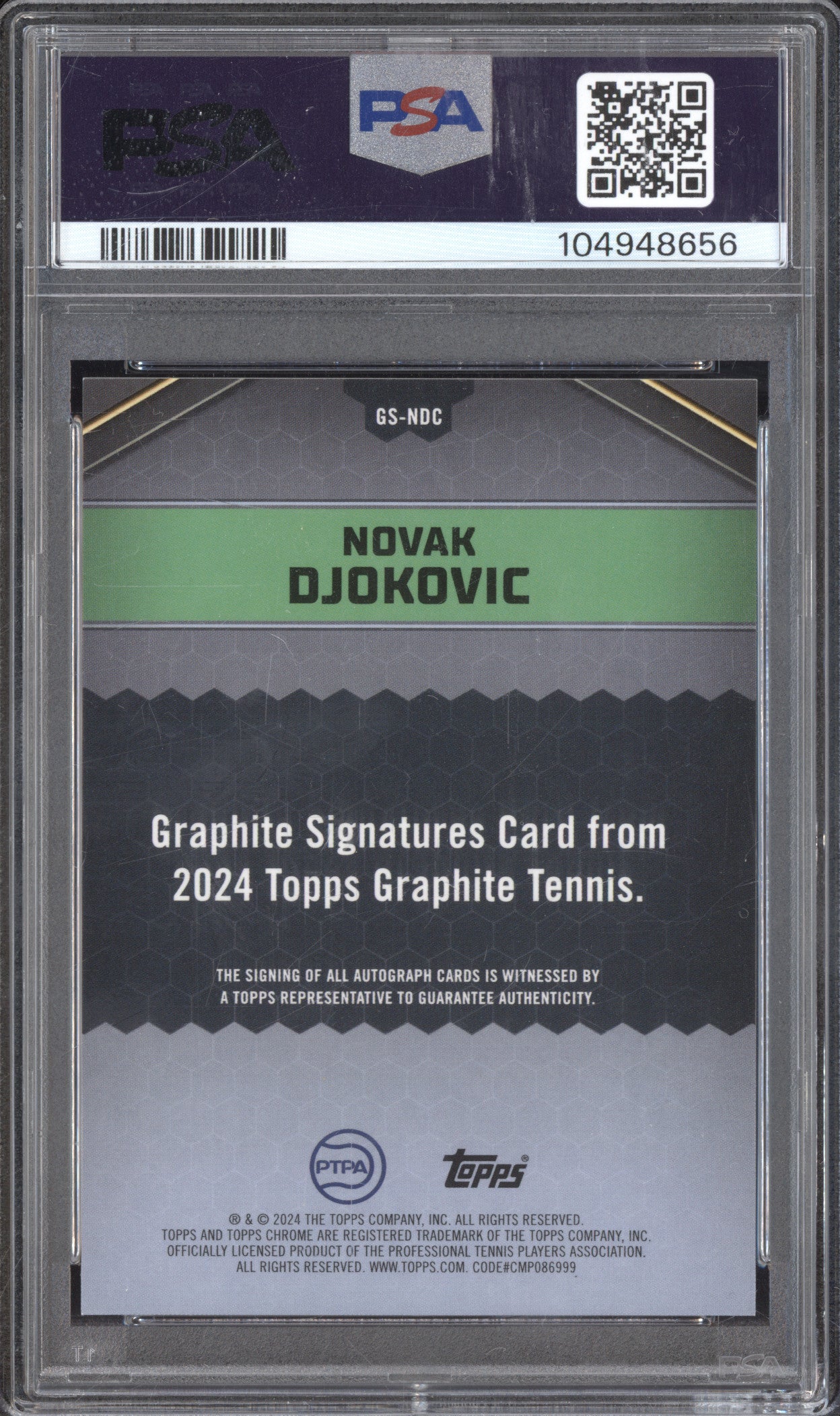 Novak Djokovic 2024 Topps Graphite GS-NDC Graphite Auto Pink 12/15 PSA 10/10