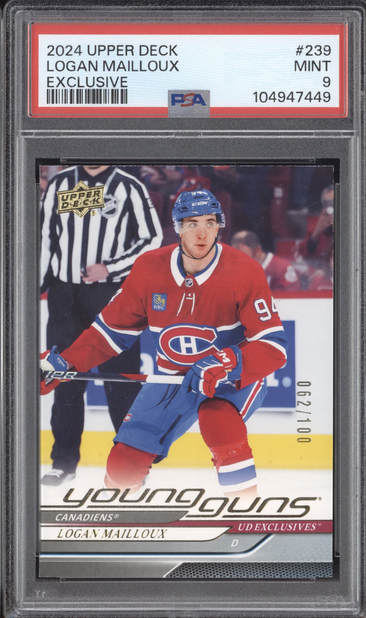 Logan Mailloux 2024 Upper Deck 239 Exclusive RC 62/100 PSA 9