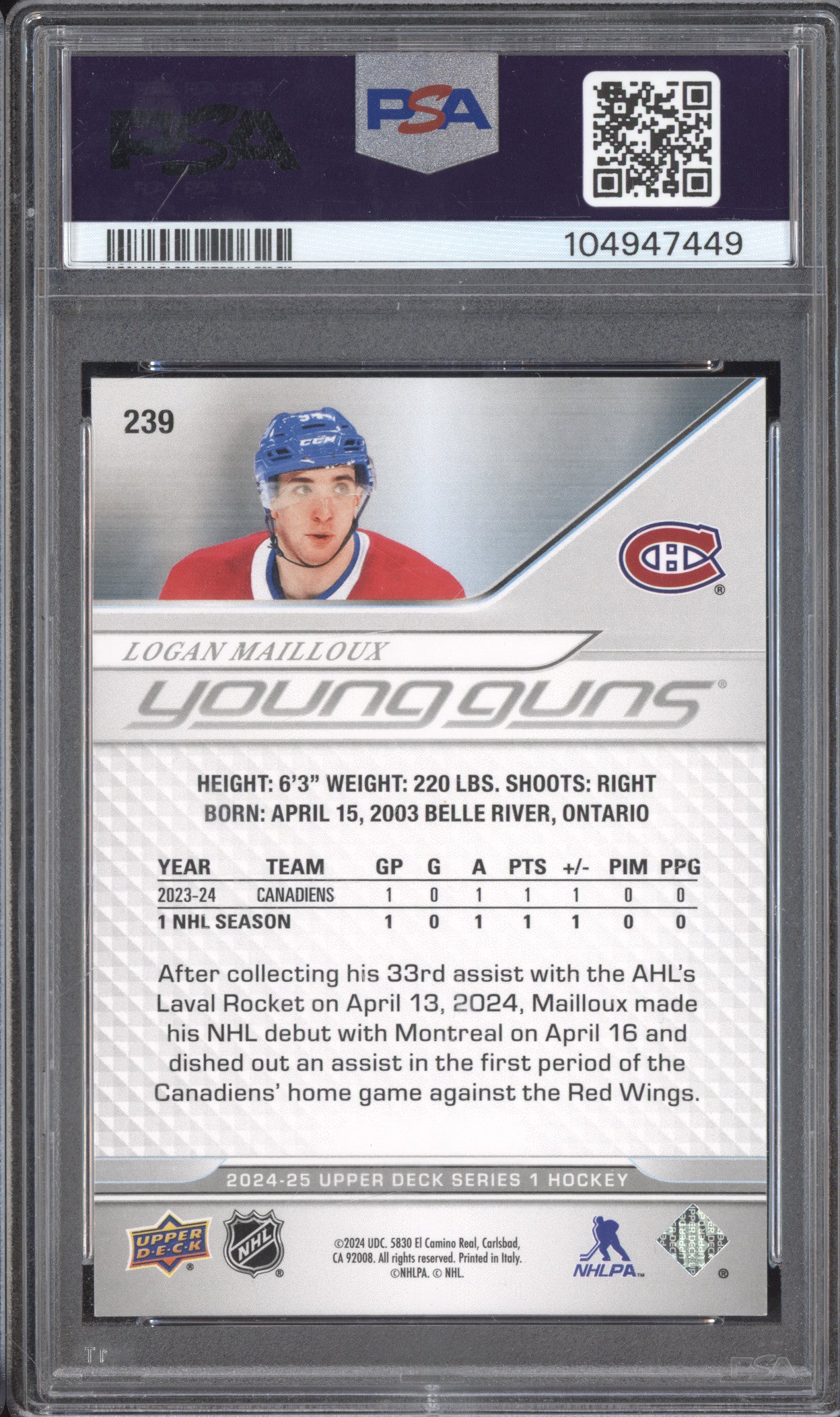 Logan Mailloux 2024 Upper Deck 239 Exclusive RC 62/100 PSA 9